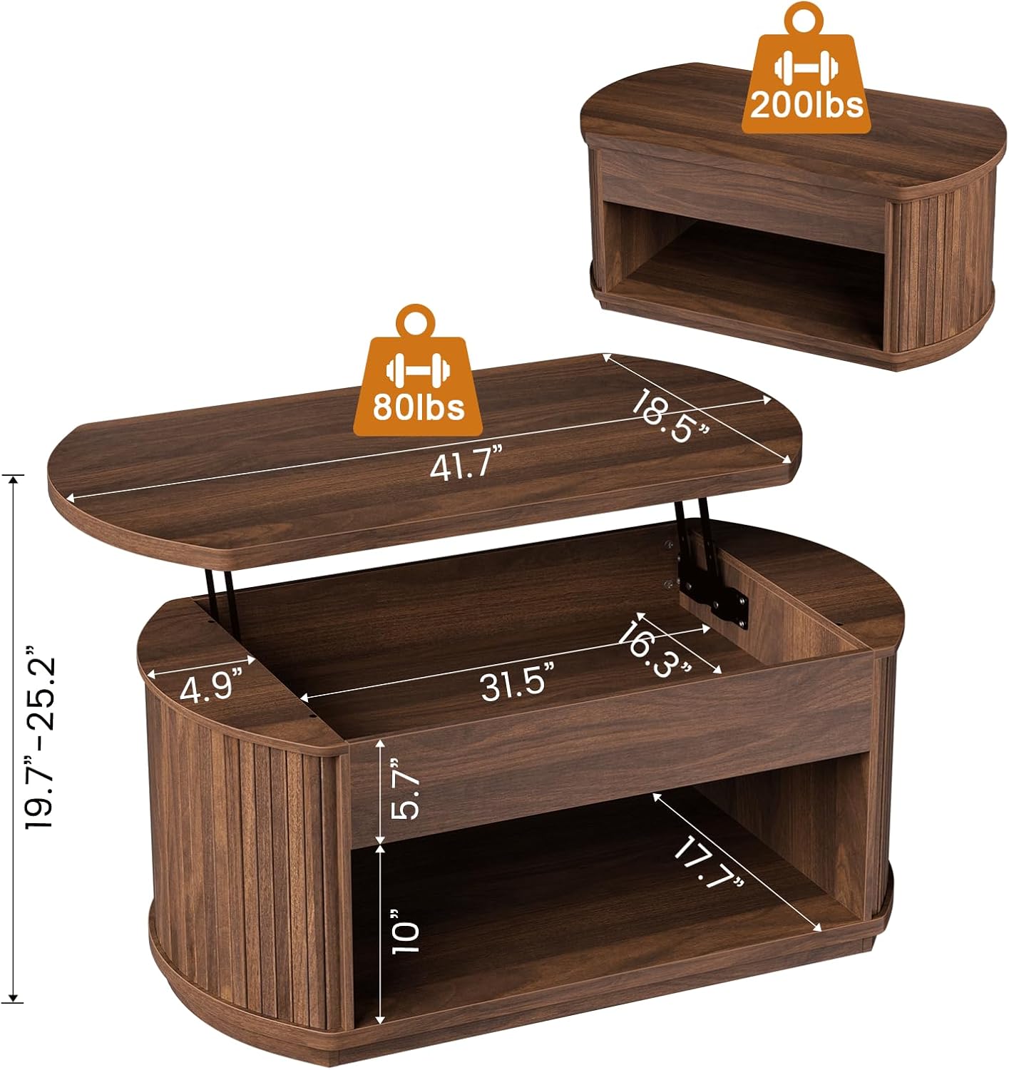 FABATO Oval Lift Top Coffee Table with Storage, Mid Century Modern Coffee Table for Living Room, 2 Tier Center Table with Lift-Top, 41.7" Fluted Wood Table for Reception Room, Home Office, Walnut