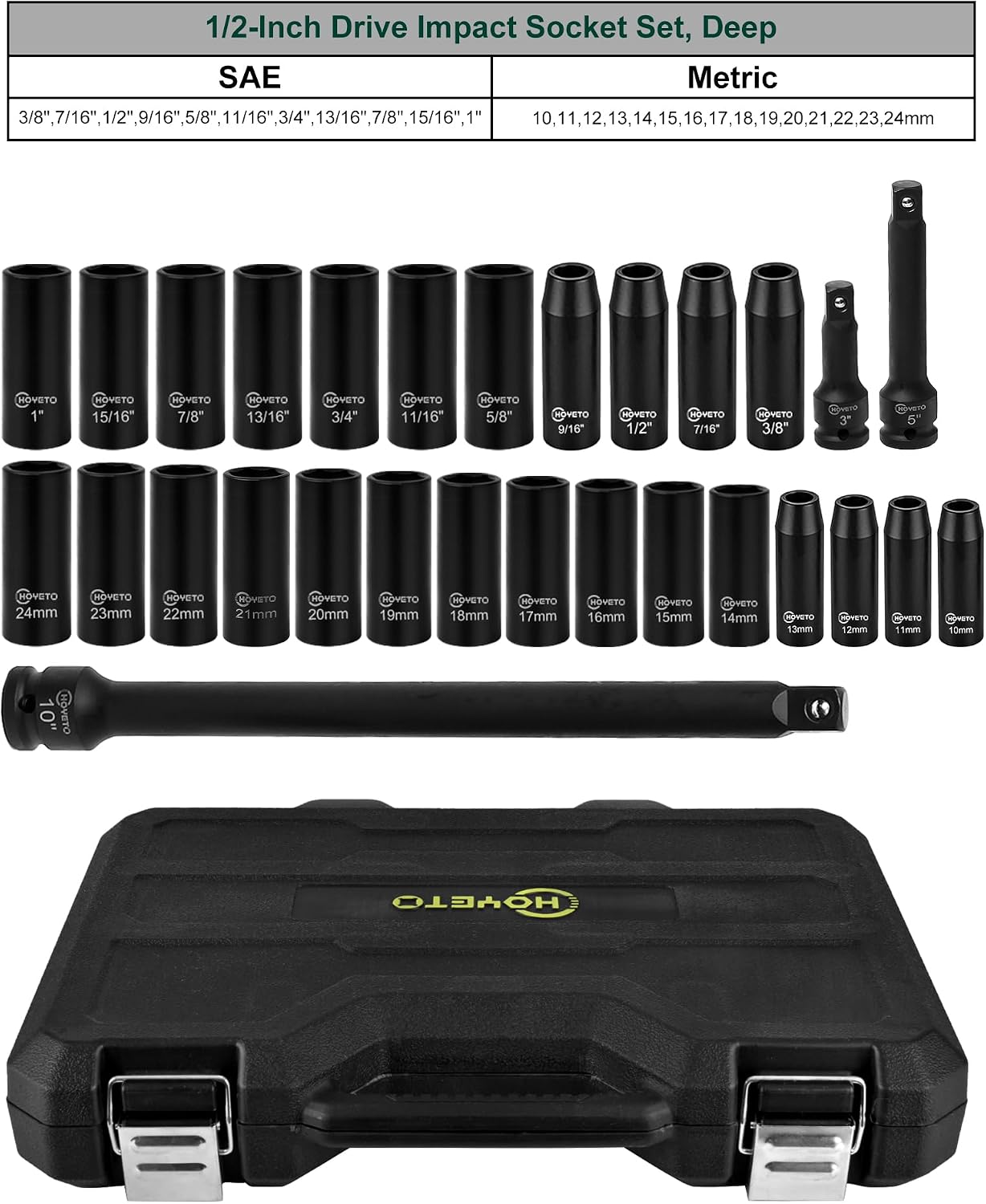 29-Piece 1/2" Drive Impact Socket Set,Deep Socket Set,Standard SAE (3/8 "- 1") and Metric (10mm-24mm), With Impact Extension Bar Standard Cr-V Steel,Material High Durability Impact Wrench