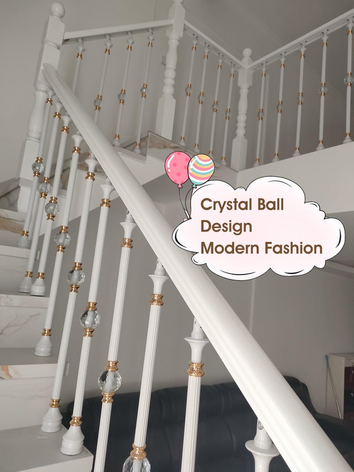 Escalera Barandilla Reemplazo De Balaustres De 95cm Para Escaleras Interiores Y Exteriores, Barandilla Hueca De Aluminio Para Escalones/ Pasamanos Con Decoración De Bolas De Cristal(White,100 Pack)