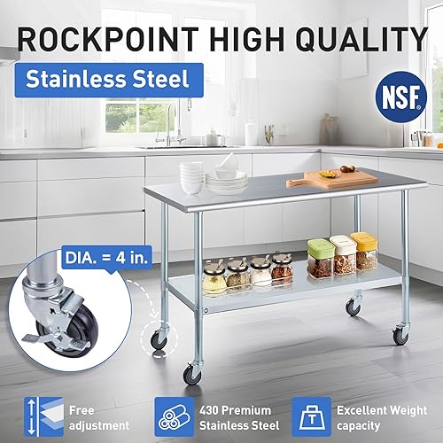 Miniatura 5 de Rockpoint - Mesa de acero inoxidable para preparación y trabajo con ruedas, 48x24pulgadas para cocina comercial de metal NSF, estante inferior