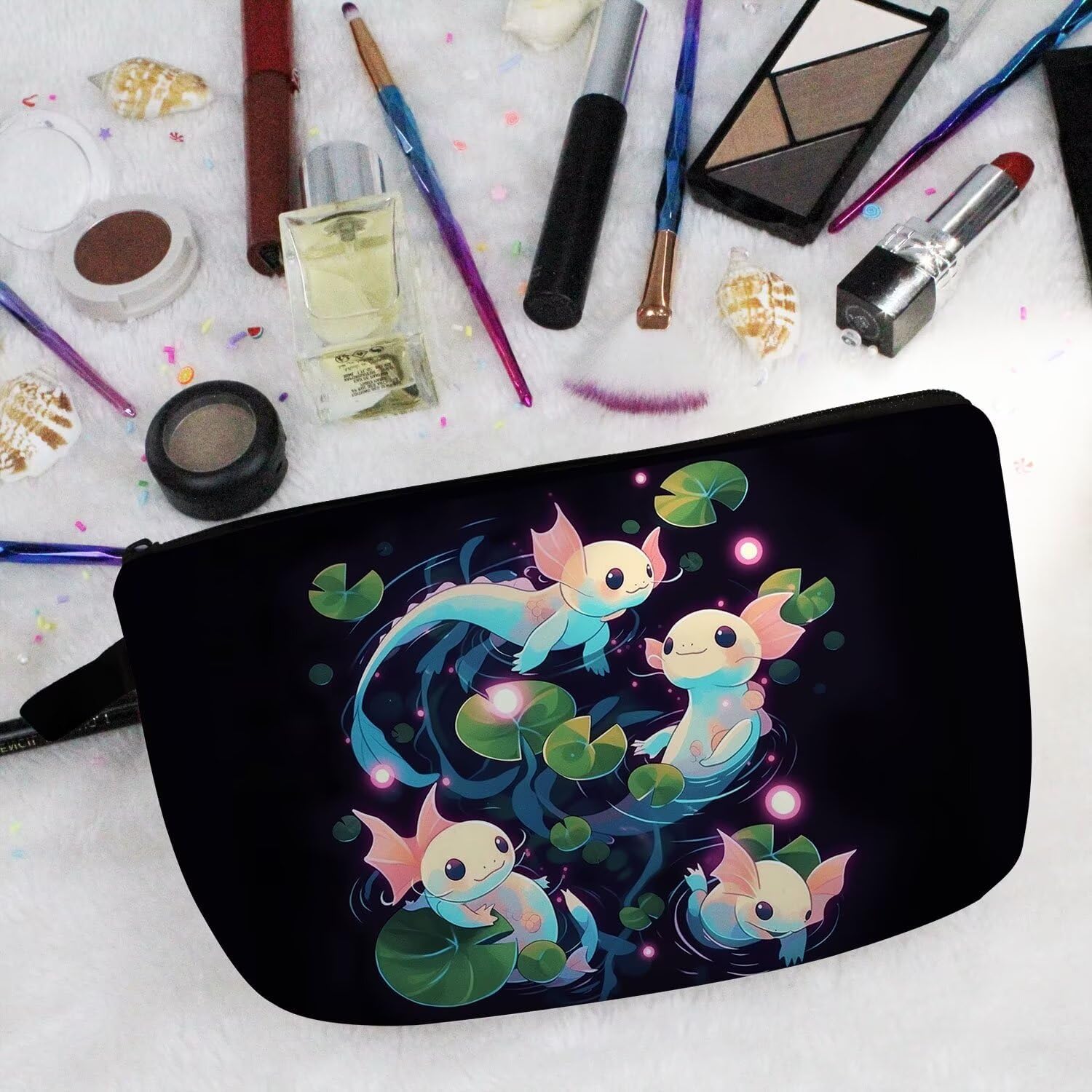 Cartoon Axolotls Makeup Bag Cute Small Organizer Zipper Pouch Cartoon Axolotls Cosmetic Bag Birthday Present for Women Friends -1 - Image 5