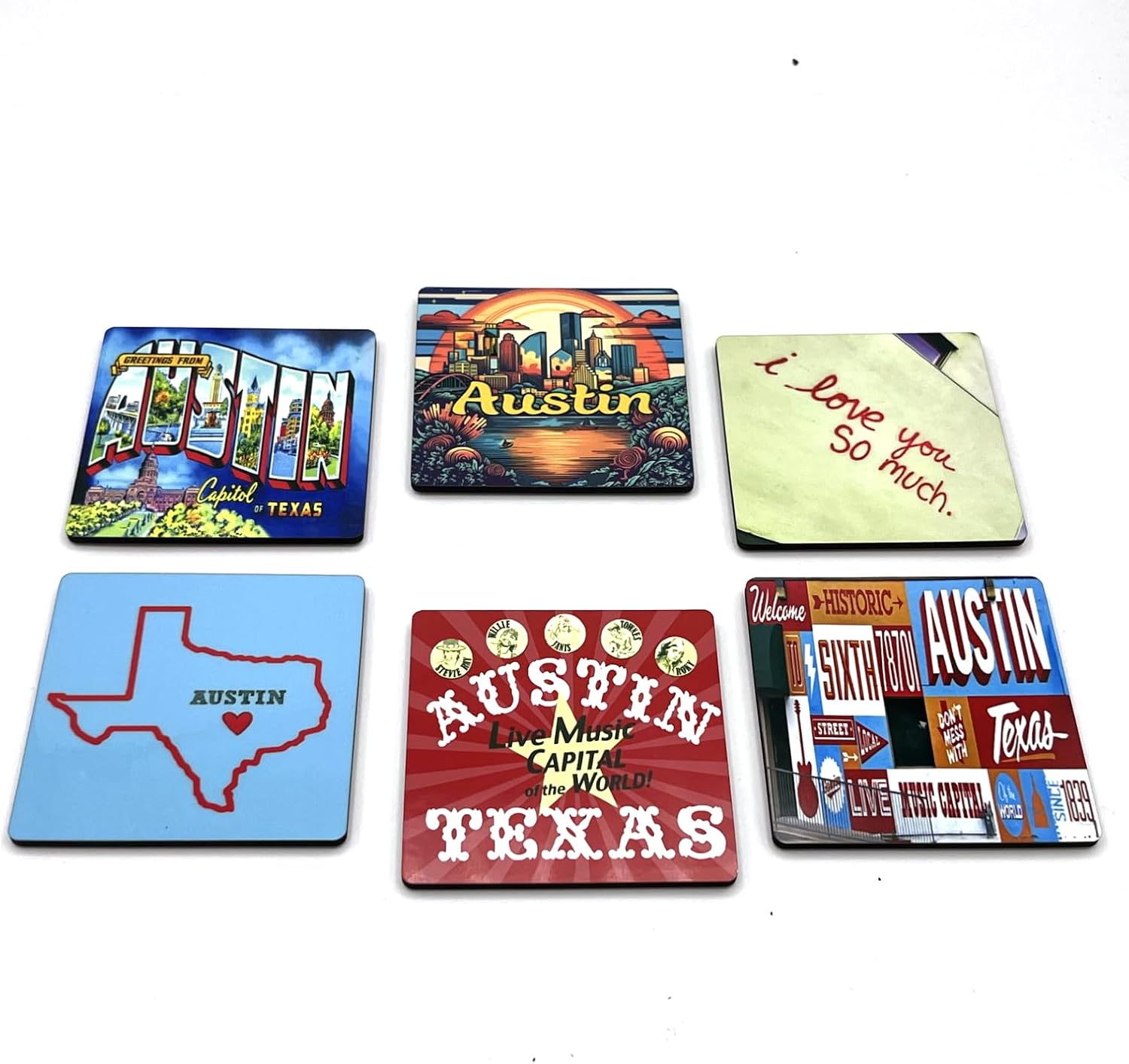 EXIT82ART - Austin, Texas Decorative Refrigerator Magnets, 3" x 3", Set of 6