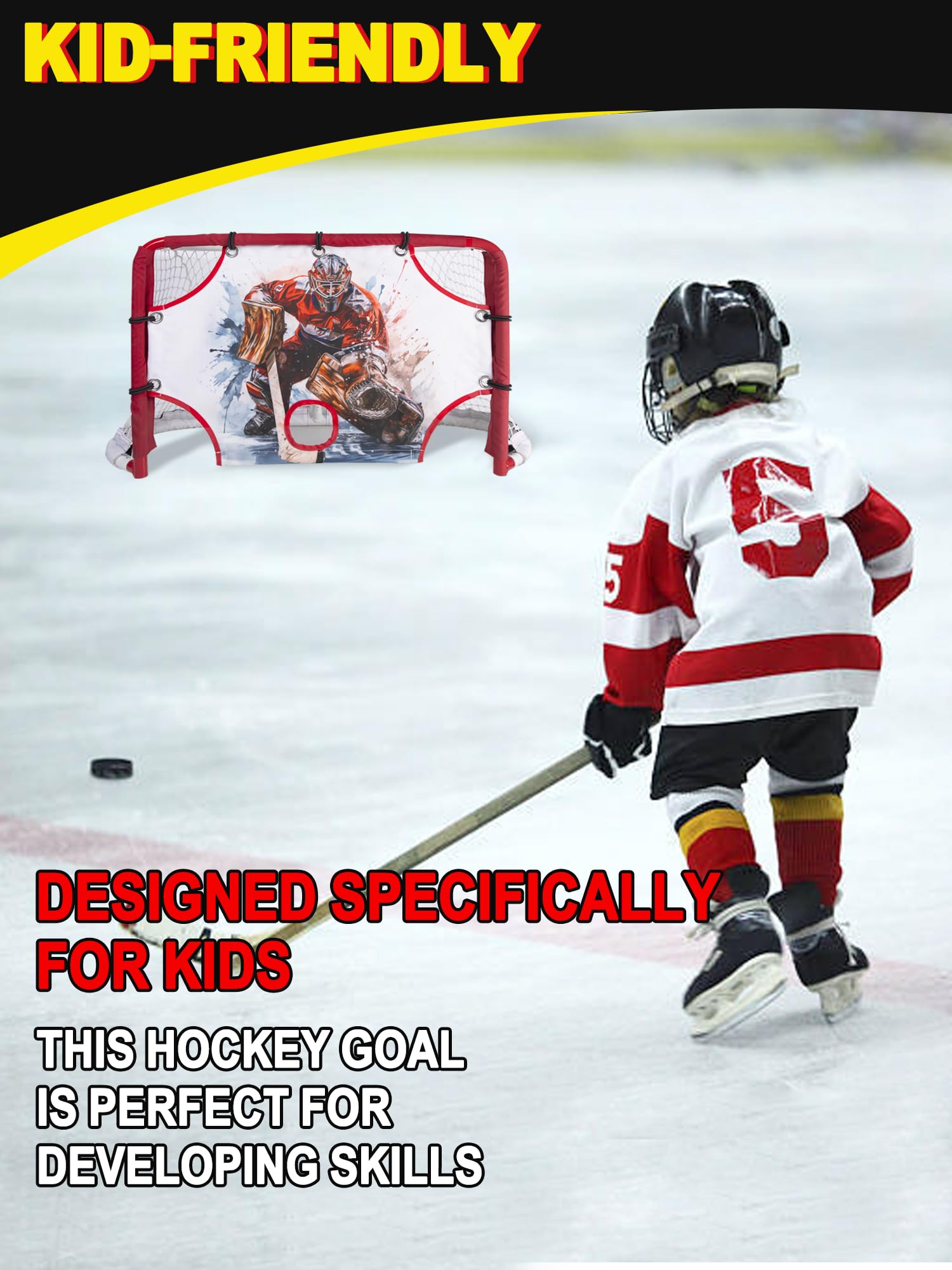 Kasifei Mini red de hockey de acero con tutor de tirador, 30 x 20 pulgadas, portería de hockey resistente para niños