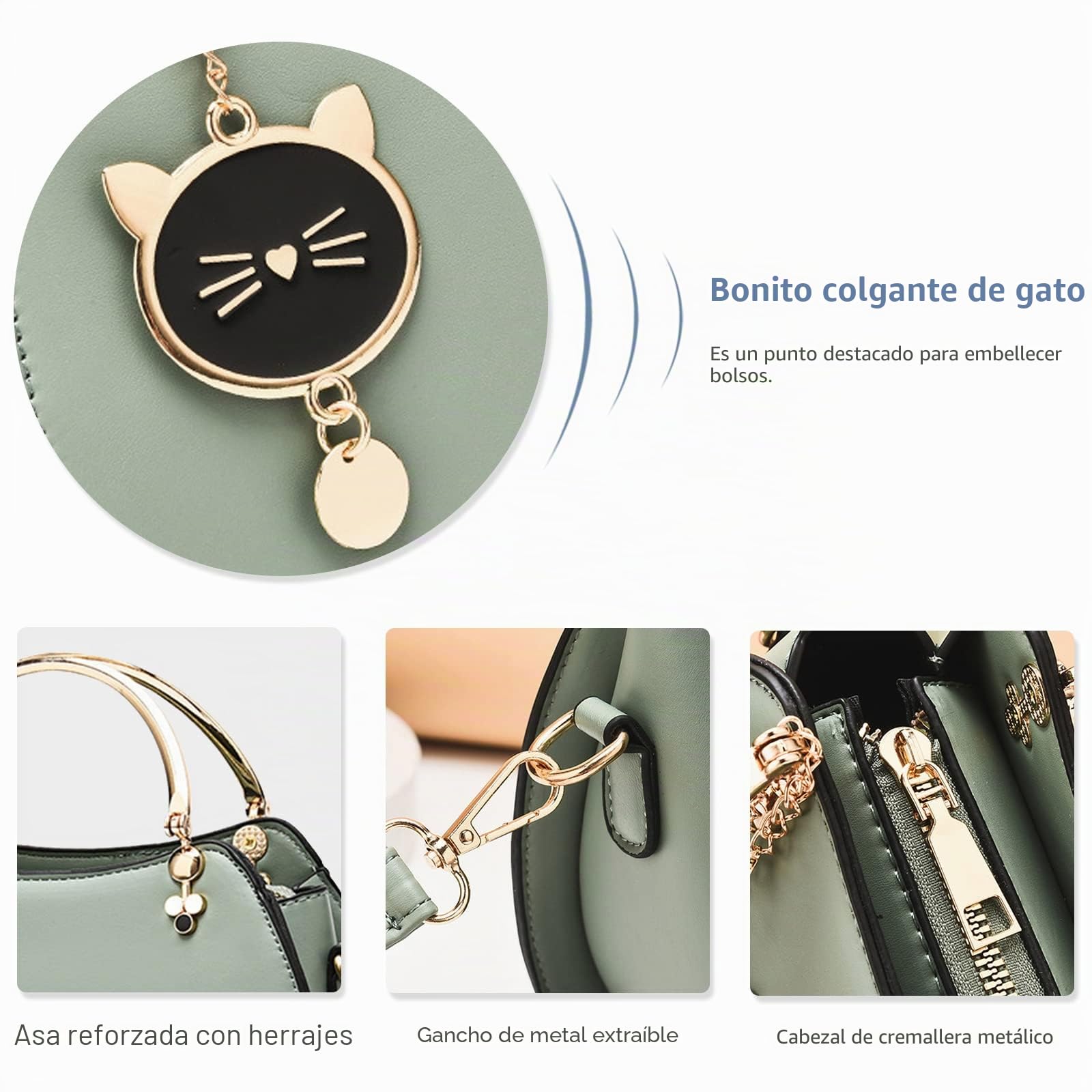 NICOLE & DORIS Bolso Bandolera Redondo Mujer Bolso Pequeño Bolsos de Mano Crossbody Lindo Bolsa Cruzado Bolsa de Mensajero para Niñas Bolsos de Fiesta Pochette con Gato Colgante Verde