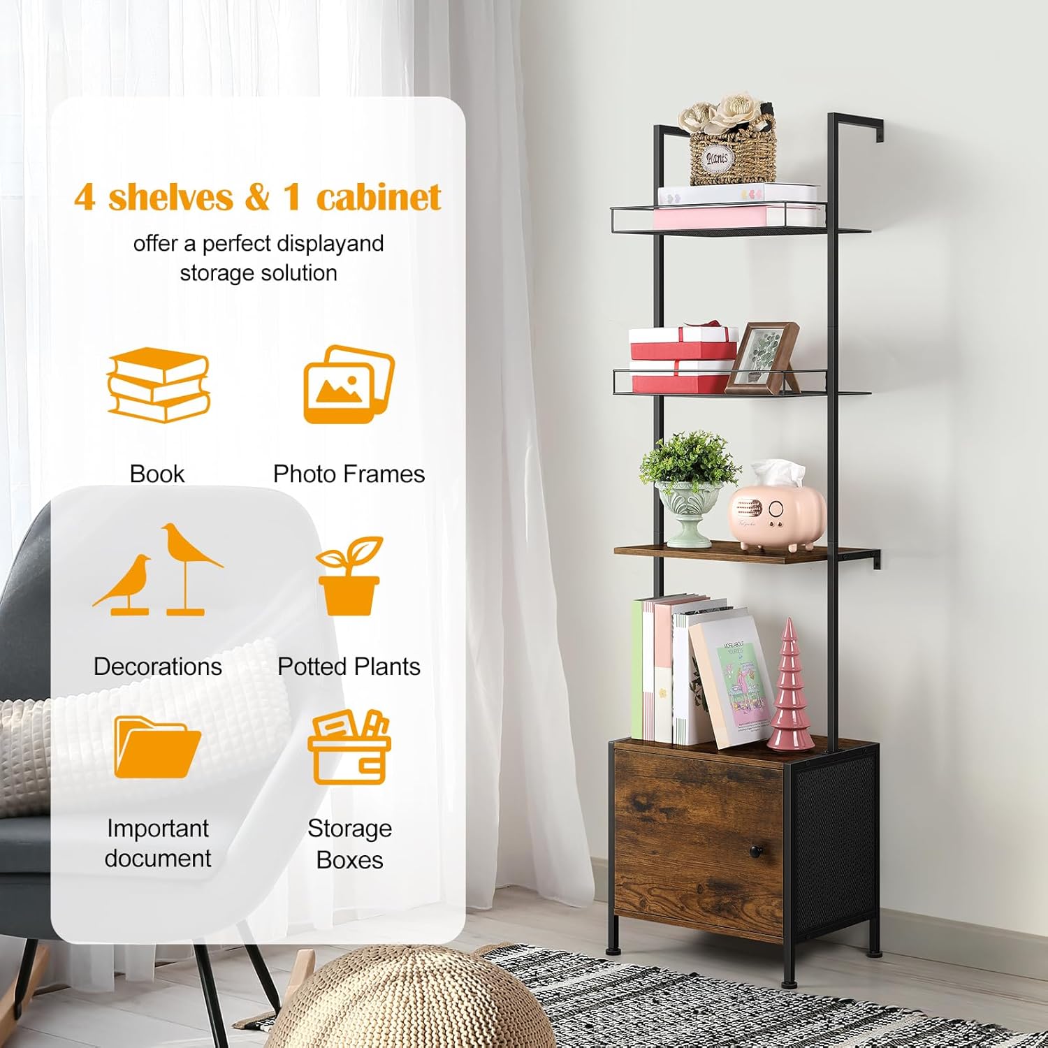 Vrisa 4 Tier Ladder Bookshelf with Drawers Wall Mounted Storage Shelves Wooden Ladder Shelf with Cabinet Display Bookcase for Living Room Bedroom Home Office Kitchen Brown