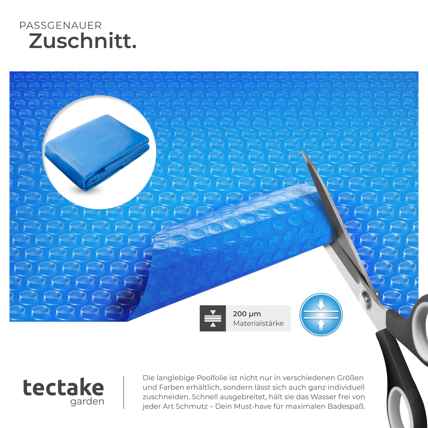 tectake® Poolabdeckung rechteckig, 5 x 10 m, Stärke 200 μm, zuschneidbar, Solarfolie, Poolfolie, Schwimmbadabdeckung, Poolabdeckplane, Abdeckplane Pool - blau