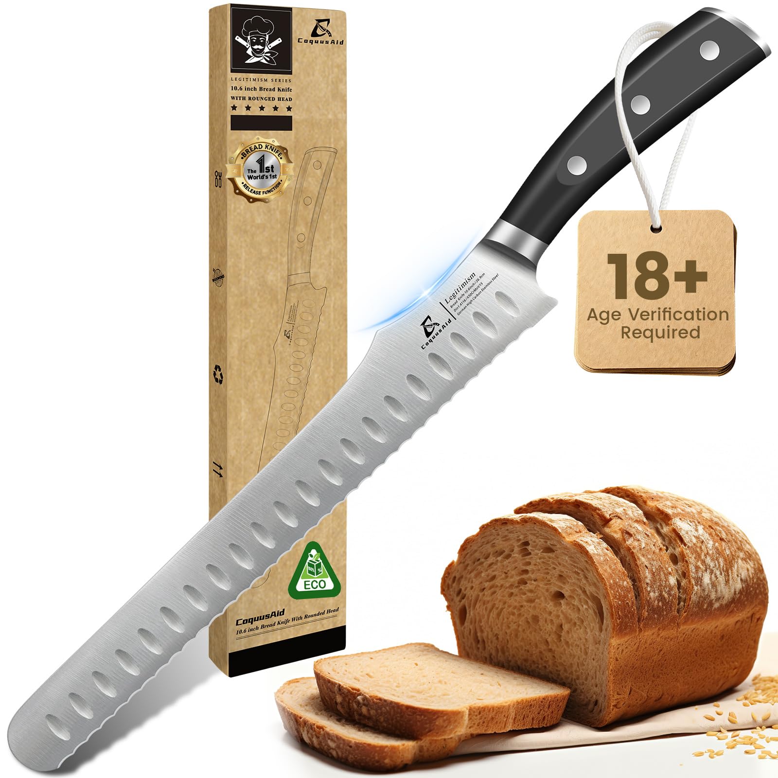 CoquusAid Bread Knife for Homemade Bread, 10.6 Inch Multifunction Serrated Knife, Razor Sharp Slicer, Forged High Carbon German Steel, Full Tang Ergonomic Handle Design for Sourdough Turkey Fruit