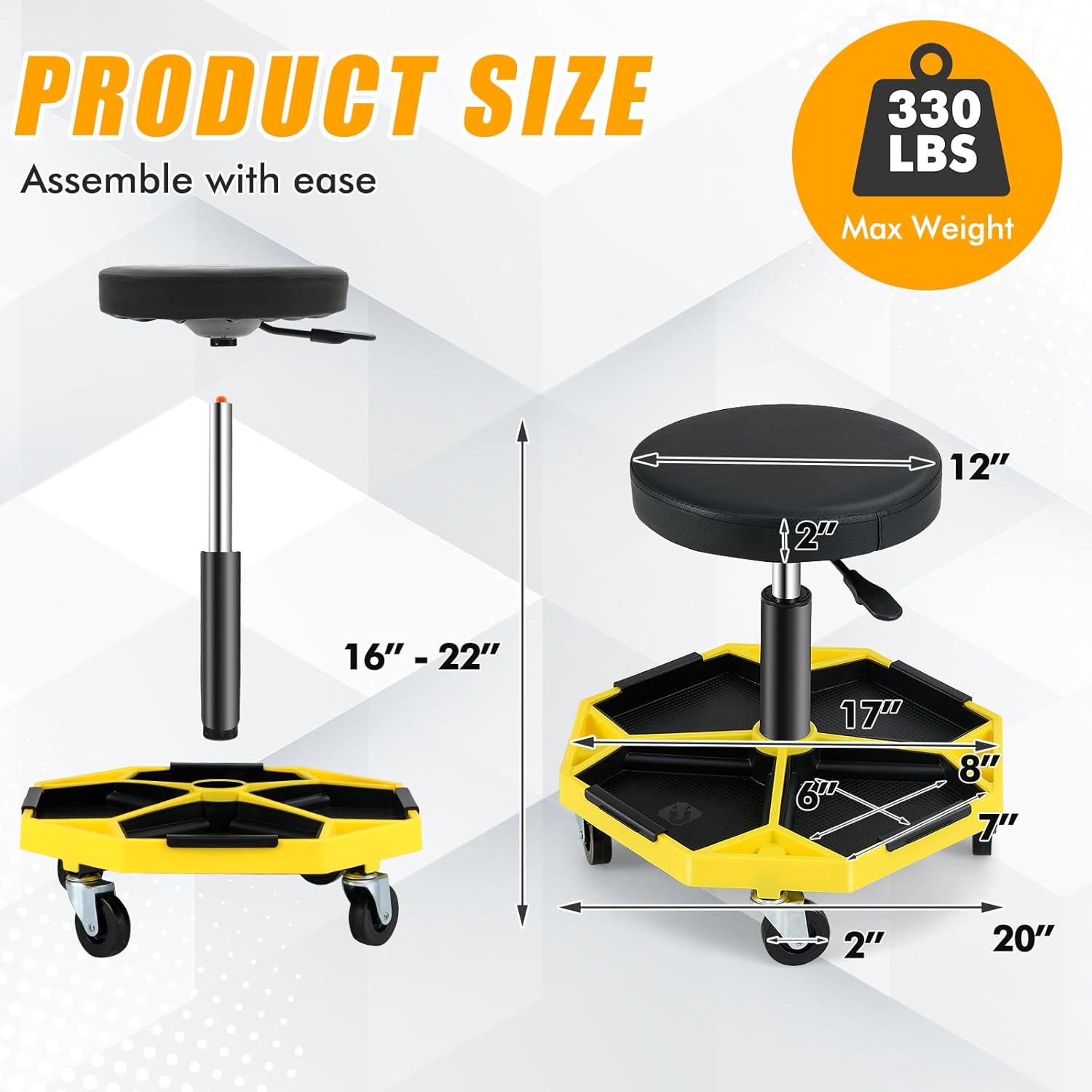 Adjustable Mechanic Rolling Stool, Pneumatic Rolling Stools with Wheels, Tool Storage Tray & Padded Seat Cushion, Garage Stool Chairs Creeper Seat (Yellow)