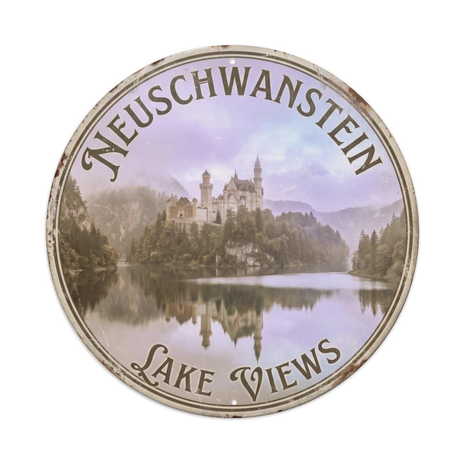Vintage Travel Neuschwanstein Germany Lake Metal Tin Sign Plaque Wall Decor for Cafe, Club, Garden Round Metal Poster 8x8Inch