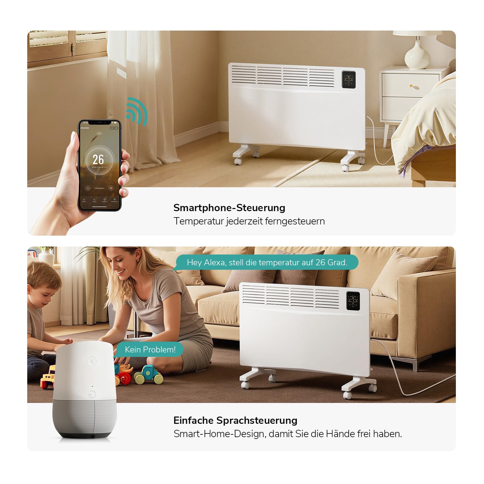 EMKE Calefactor eléctrico inteligente de 2000 W, convector, calefacción eléctrica con WiFi y control por aplicación, radiador eléctrico, ahorro de energía, dispositivo de pie o pared