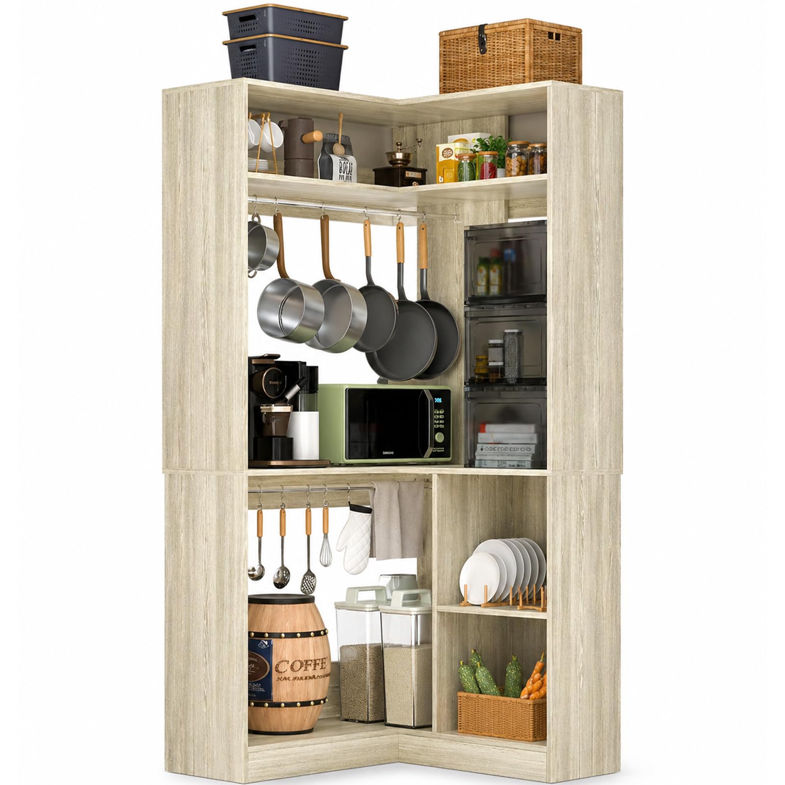 aheaplus corner closet system with shelves, 34’’ closet organizer system with hanging rods, wood walk-in closets for corner small space,freestanding corner tower, l shaped garment rack, white oak