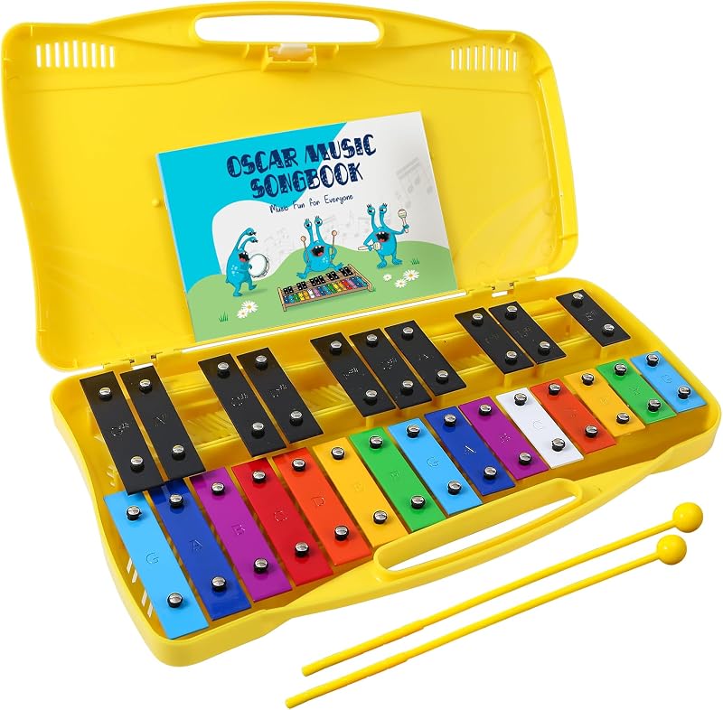 Glockenspiel Xylophone for Kids Colorful 25 Notes with 30-Song Songbook | Glockenspiel Instrument, Kids Xylophone, Metal Keys, Yellow Case, 2 Mallets, Music Learning, Classroom Use, Birthday Gift