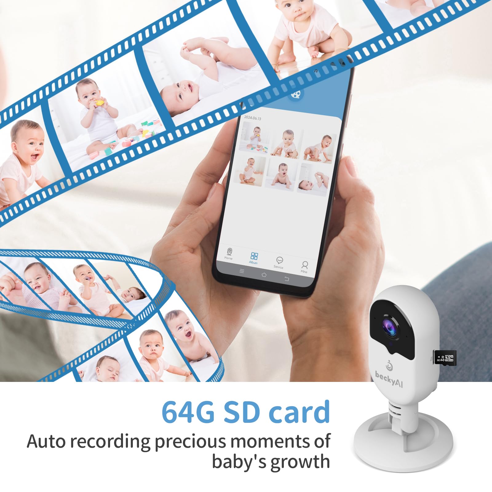 Becky Ai Intelligente Baby Monitor, Monitoraggio Respiratorio, Analisi del Sonno, Allarme di Sicurezza per Soffocamento, Visione notturna 2K HD, Condivisione di Dati Criptati, Android/IOS Compatibili