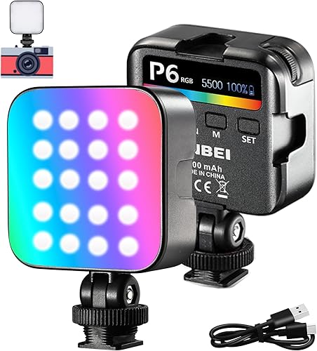 JINBEI Luz de video LED RGB P6, luz de cámara 360 a todo color con 4 soportes de zapata fría27 modos de escenaCRI 98+CCT 2700K-7500K, 2000mAh
