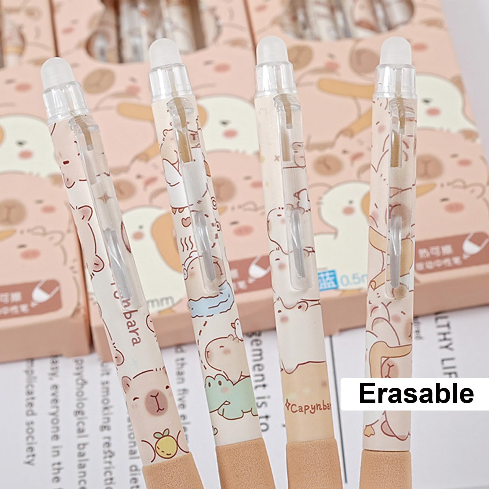 4 Pcs Cute Erasable Pens Retractable Erasable Pens Kawaii Cartoon Capybara Gel Pen 0 5mm Blue Ink Smooth — view 3