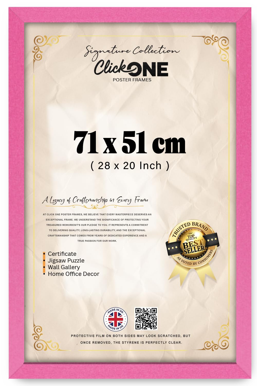 Click One Classic Poster Frame 71 X 51 CM 28 X 20 Inch Pink Engineered Wood For Wall Gallery And Living Room Wall Hanging Mount With Clear HD Styrene For Photos And Prints With Mounting Kit