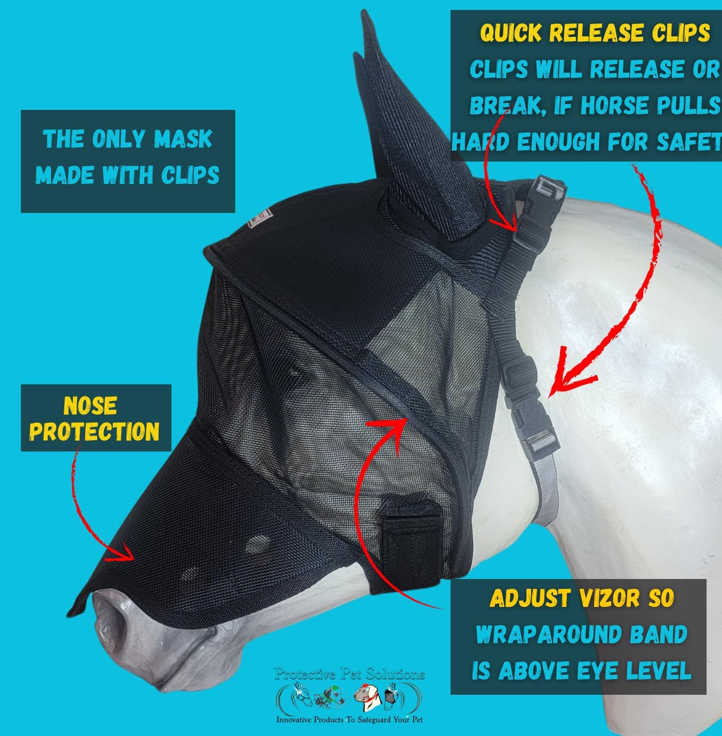 Solar Vizor Horse Fly Mask with Ear and Nose (Size X-Large), Innovative Design - 100% UV Eye Protection for Horses with Uveitis, Photosensitivity, Ulcer, Head Shaking, Protects from Flies, Insects