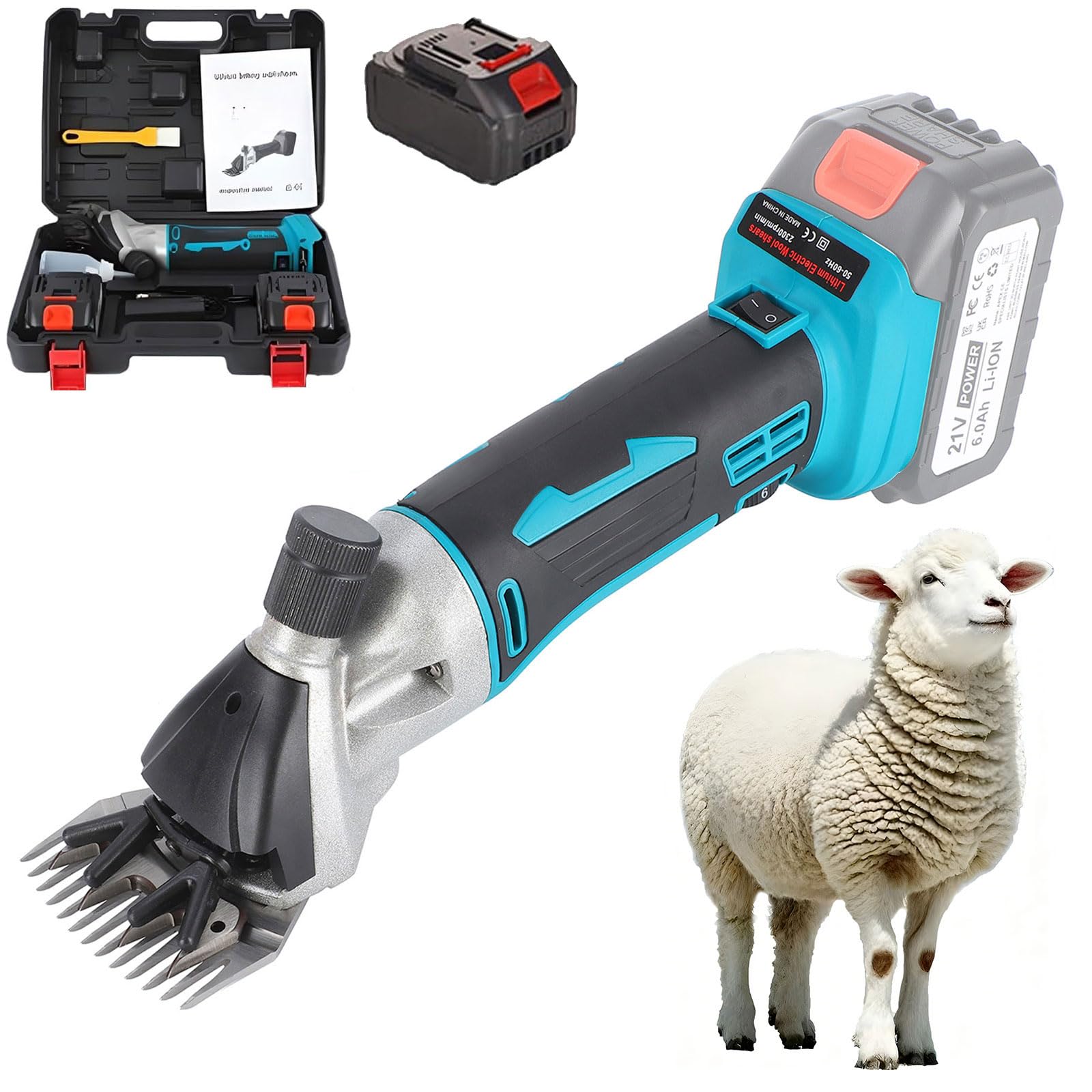 Tosatrice per Pecore a Batteria, Tosatrice Elettrica per Bestiame con Batteria da 1500 Mah, 6 Impostazioni di Velocità, Tosatrice Elettrica per Pecore, Capre, Alpaca, Bestiame a P 9-Teeth one battery