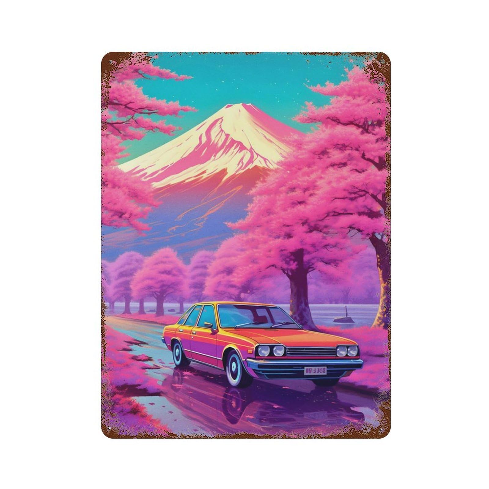 Cars Cherry Blossom 15.7"x11.8" Vintage Rust Metal Sign, Shabby Chic Decor for Garage, Bar And Workshop Decor
