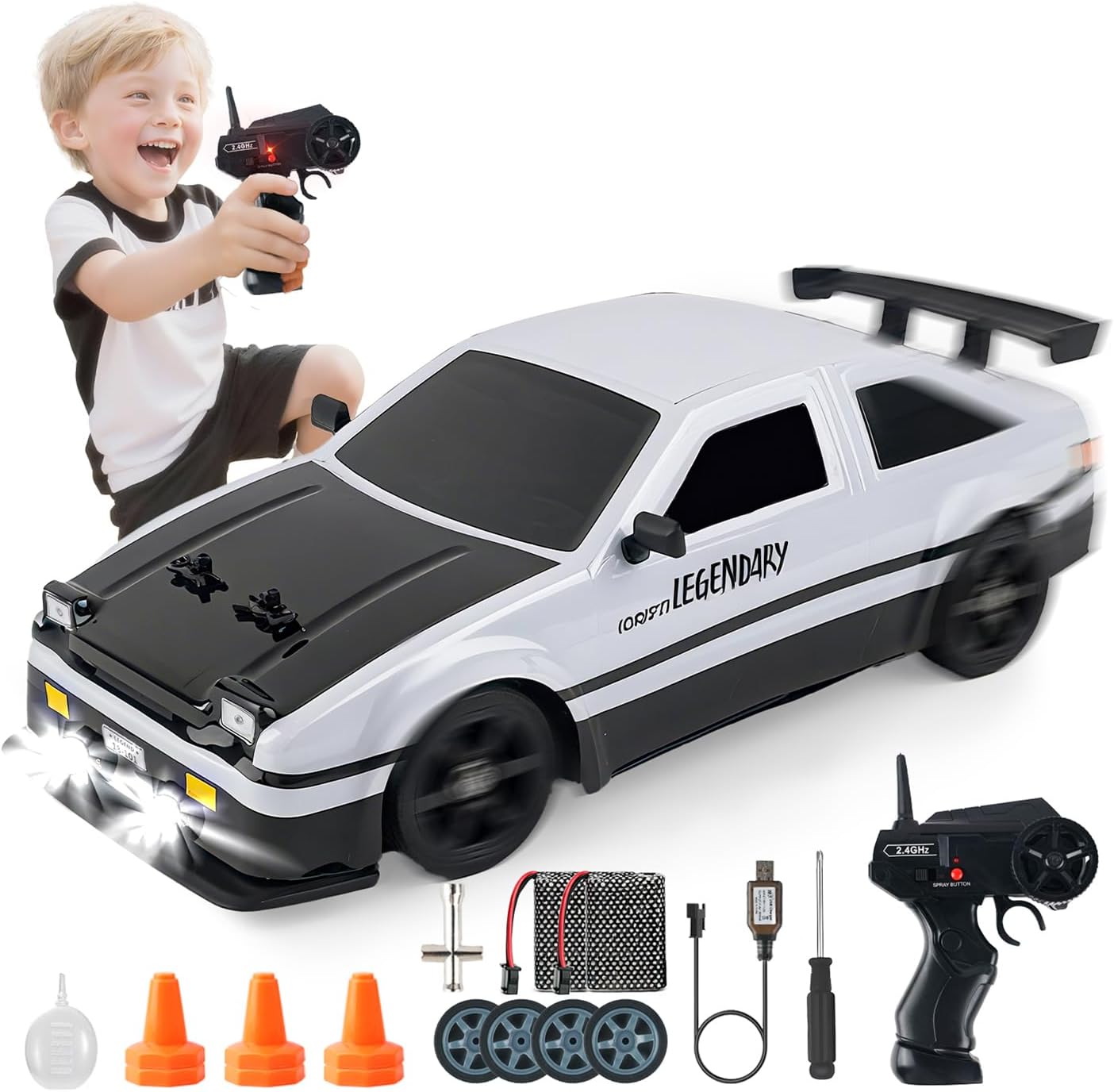 SANCO 1:16 RC Drift Car with LED Lights & Spray, 2.4GHz Remote Control Car, Includes 2 Batteries & 2 Sets of Tires for Racing & Drifting, Electric Hobby Toy for Adults, Boys & Kids(Red)