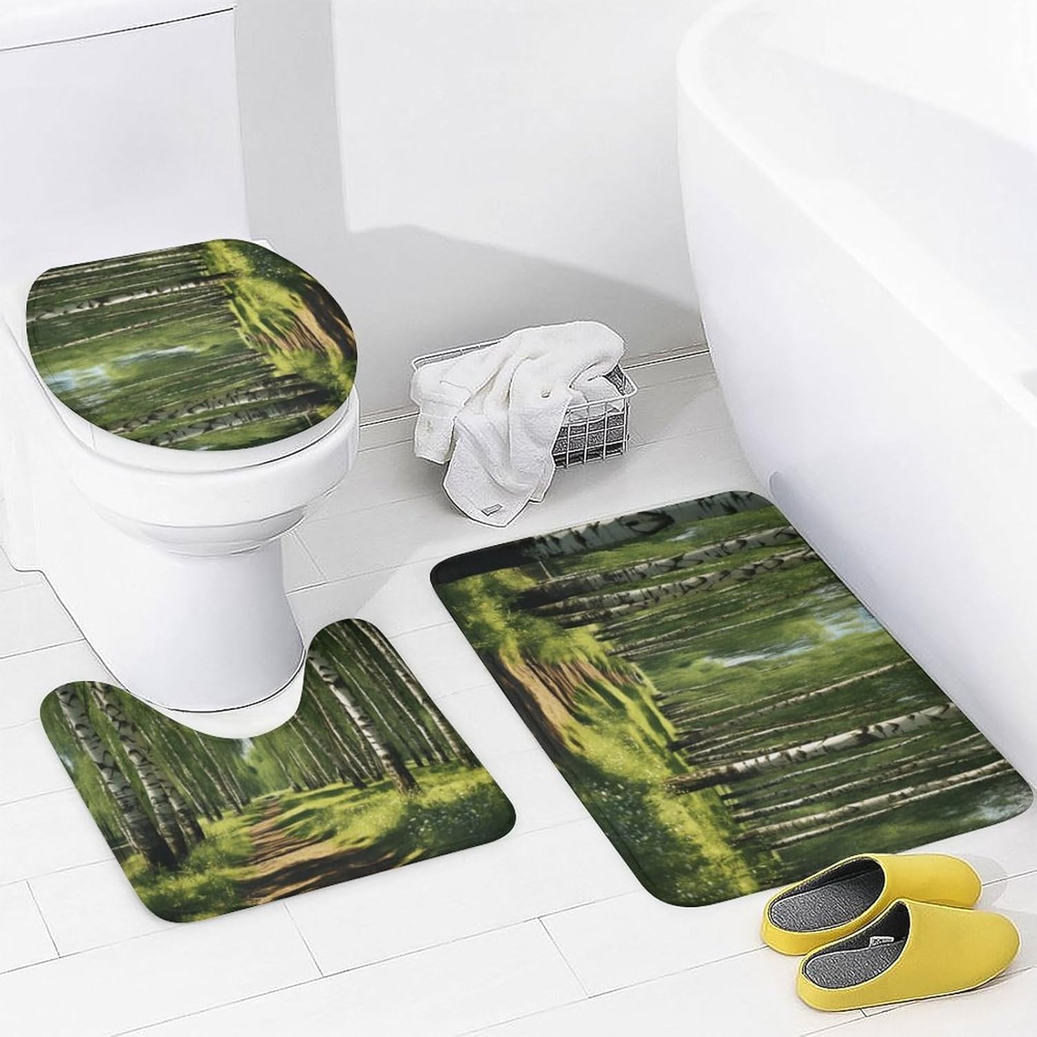 4 Pieces Abstract Watercolor Forest Shower Curtain Set Green Plants Classic Vintage Bathroom Decor Sets with Rugs Bathroom Accessories Set Bathroom Curtain Shower Set with 12 Hooks