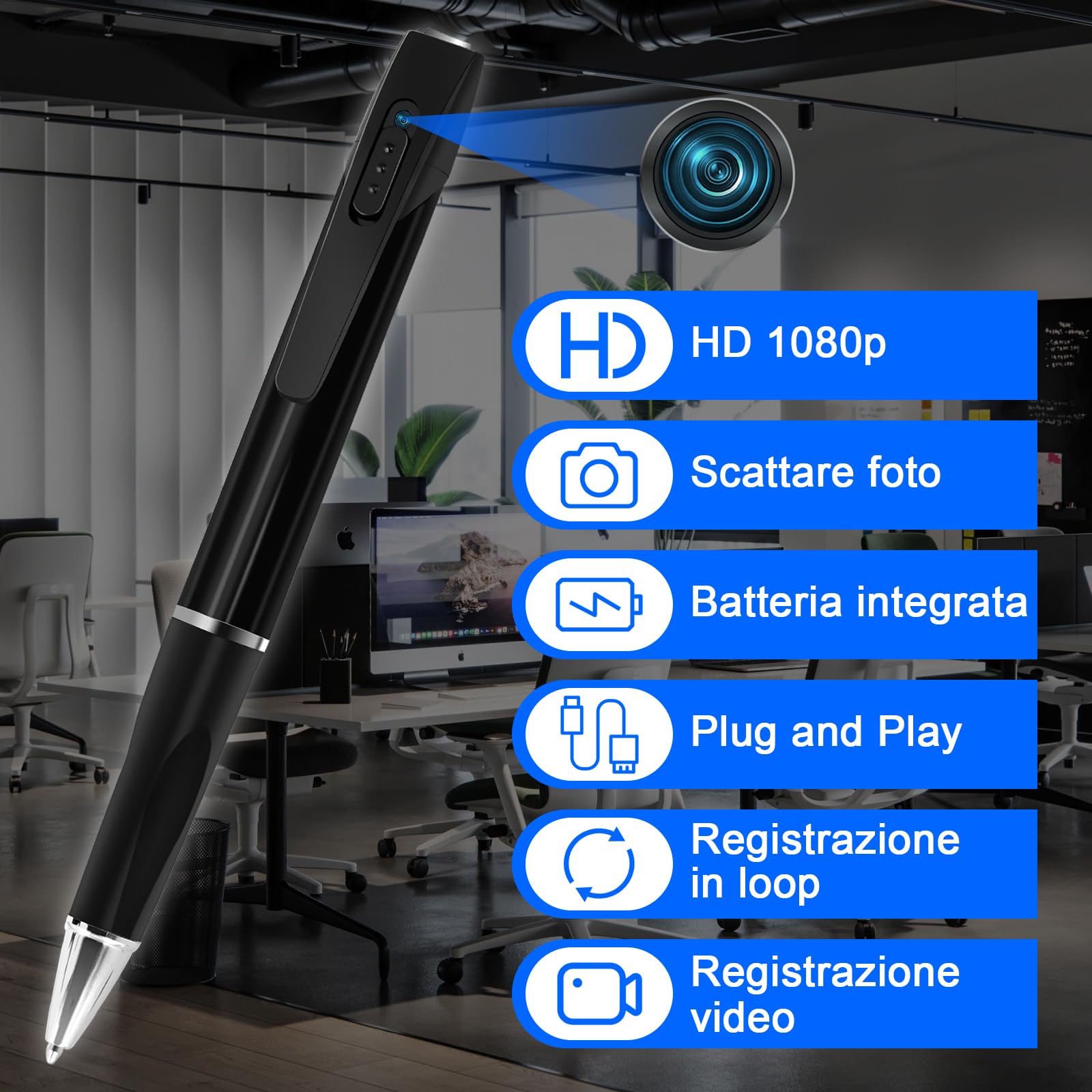 Telecamera Penna Spia 1080P, Microcamera Spia Invisibile con Audio, Portatile Telecamera Nascosta Spia con Micro SD da 32GB, Registrazione in Loop per aule, sale e altri luoghi al chiuso e all'aperto