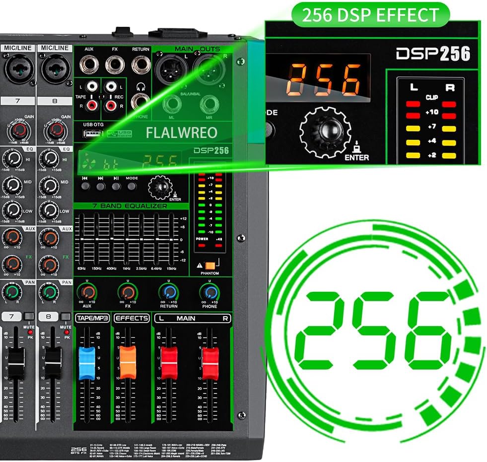 DSP256 Professional Audio Mixer Console, 8-Channel with USB Interface, 256 DSP Effects, 7-Band EQ, LED Display, Phantom Power