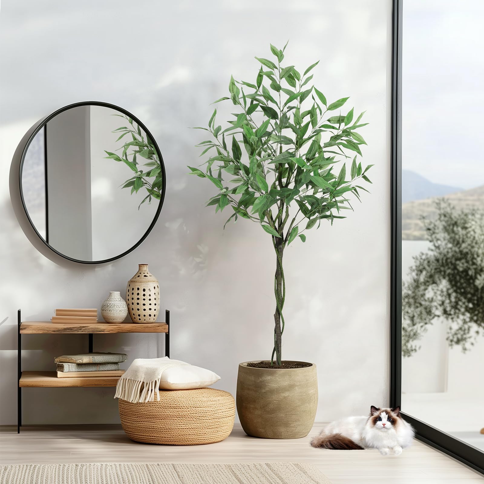 Aptliton 150cm Artificial Eucalyptus Tree, 5FT Tall Large Realistic Faux Silk Plant with Natural Trunk, Flexible Branches and Stable Black Pot for Indoor Outdoor Home Office Living Room Decor, Green