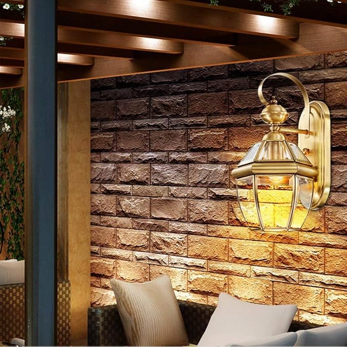 NZDY American Wall Lamp Retro Village Full Copper Glass Outdoor Balcony Simple E27 Living Room Restaurant Study Bath Corridor Bedroom Wall Lamp,22cm*39cm photo 3