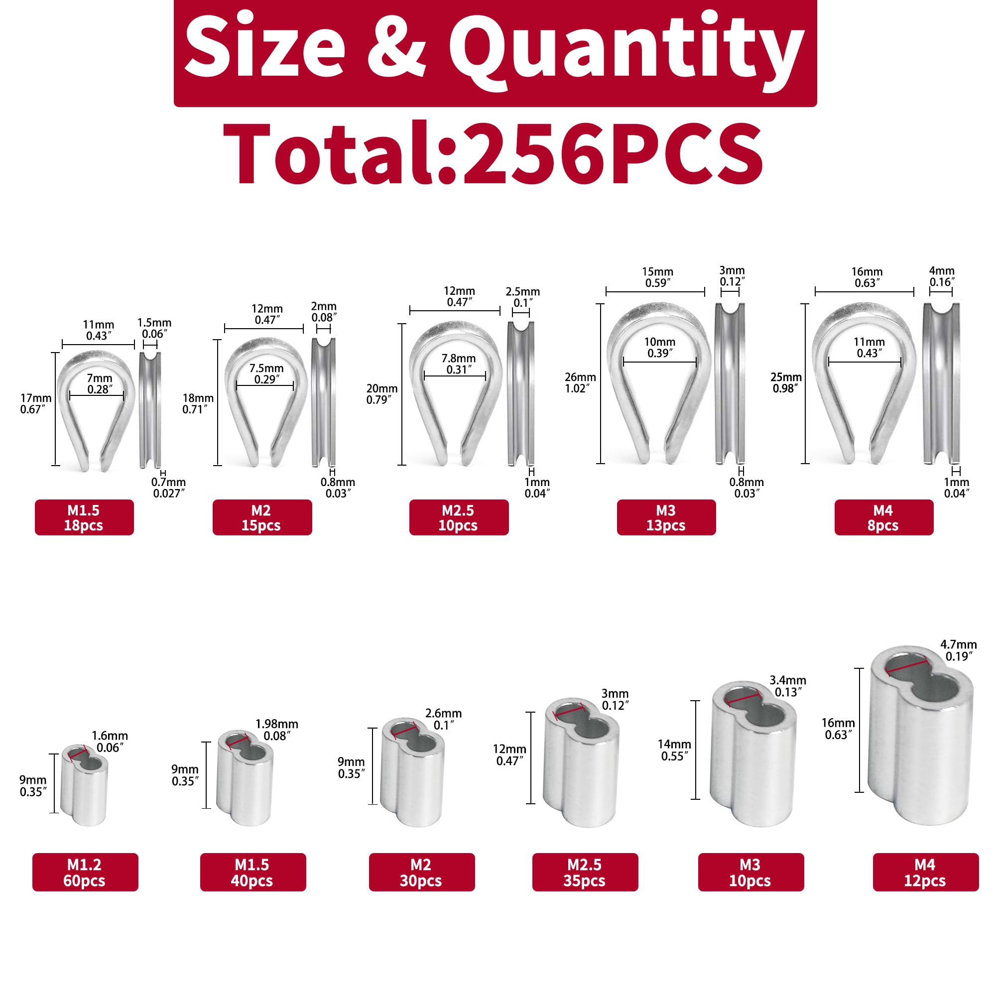 AIMUNOK 256Pcs 304 Stainless Steel Wire Rope Cable Thimbles Combo and Aluminum Crimping Loop Sleeve Assortment Kit for Wire Rope Cable Thimbles Rigging