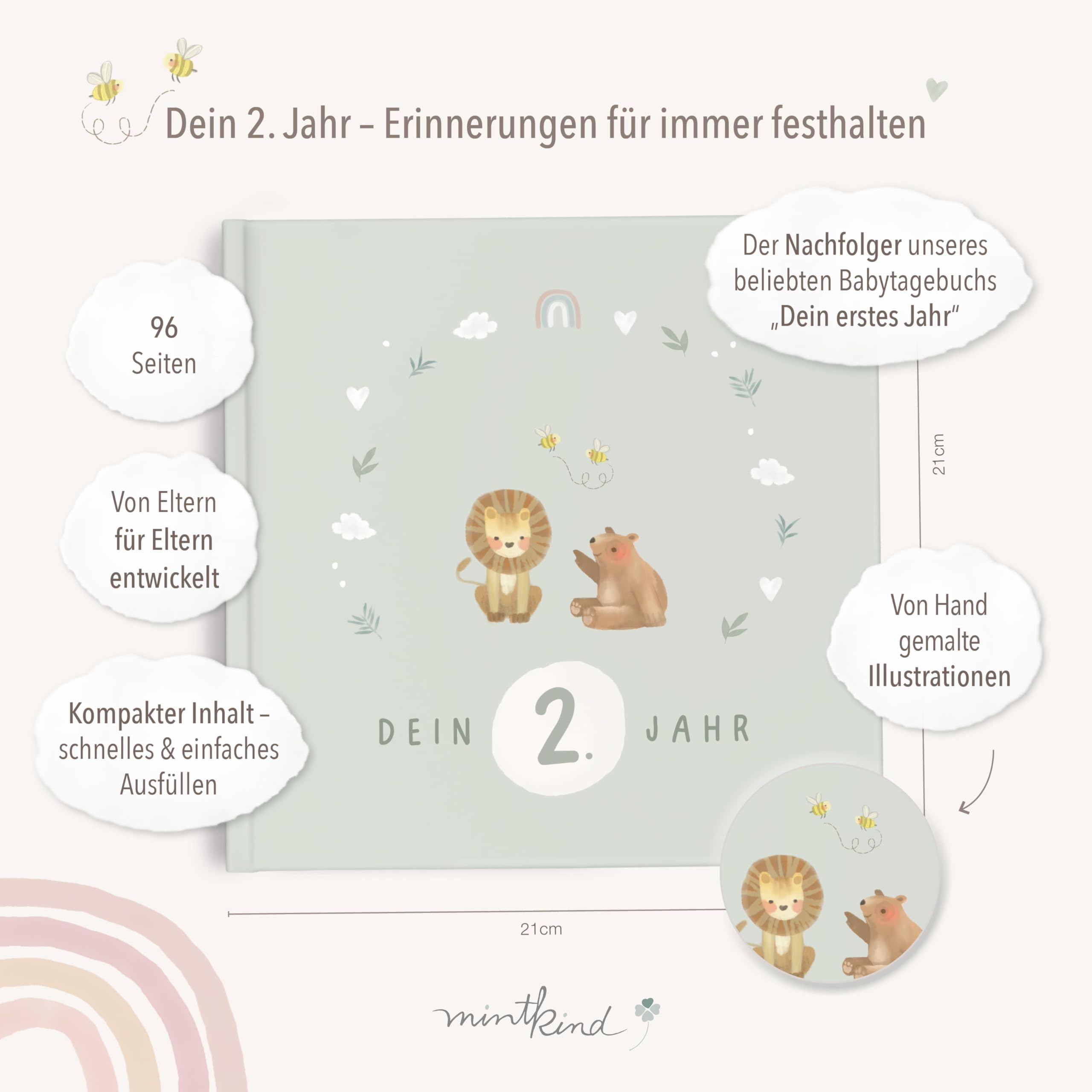 mintkind® Babyalbum zweites Lebensjahr Hardcover Babytagebuch zum Eintragen Erinnerungsbuch und Fotoalbum Baby Geschenkidee für Jungen und Mädchen liebevoll gestaltetes Babybuch Salbei