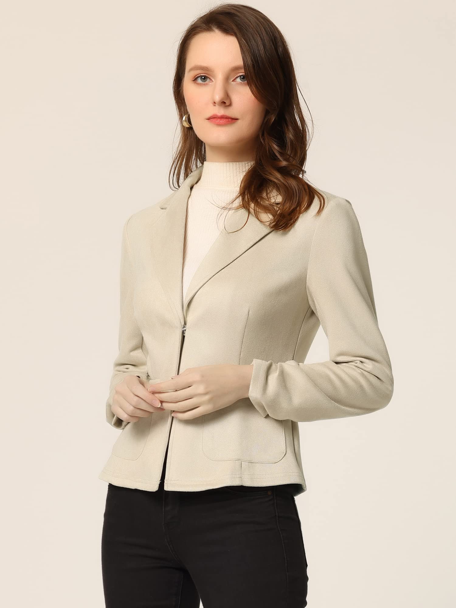 Womens Faux Suede Blazer Lapel Collar Ruched Sleeve One Button Work Office Jacket Blazers — view 2