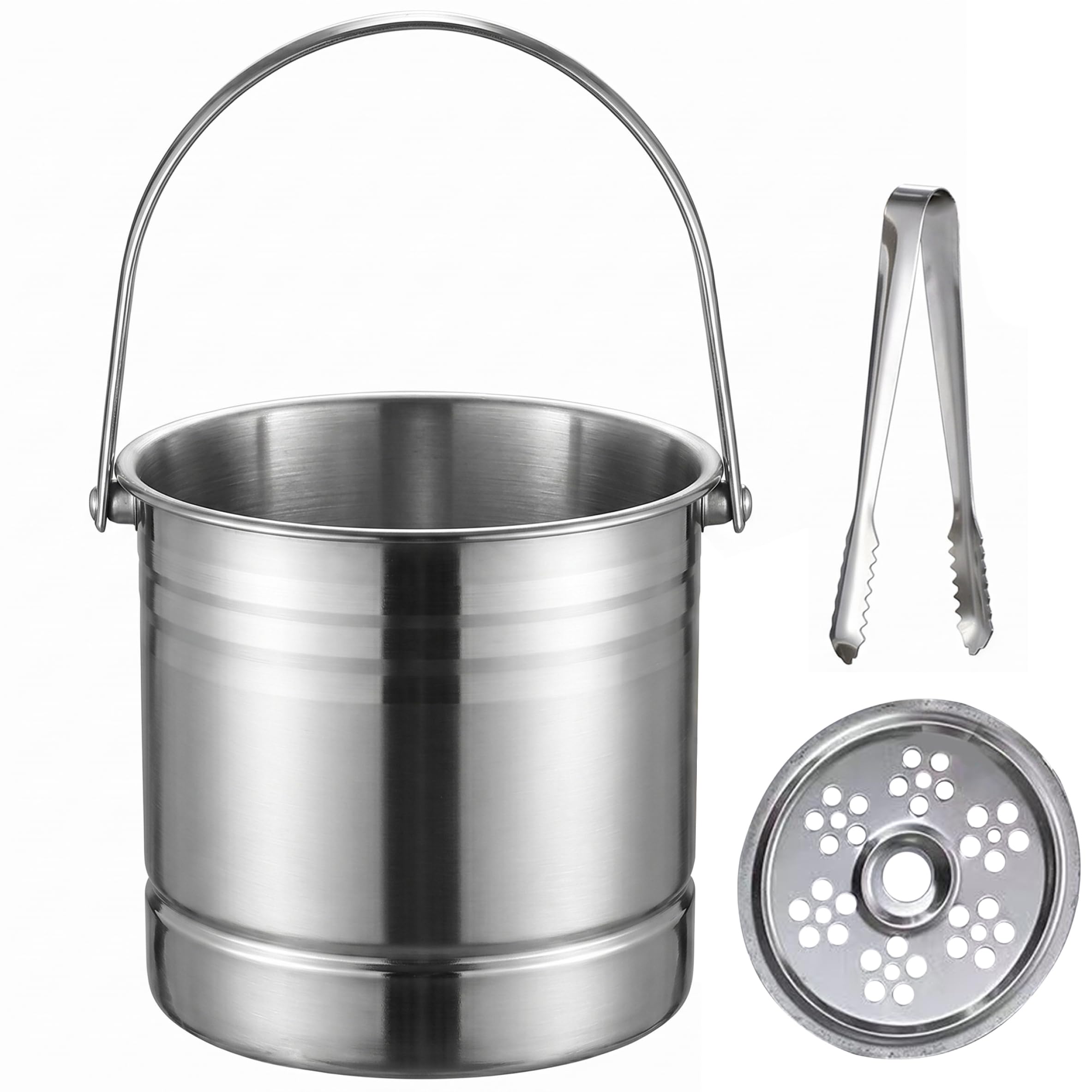 PithCogent Wine Bucket, 1.6L Stainless Steel Ice Bucket, Thickened Champagne Wine Chiller With Filter & Ice Tong, Portable Bar Accessory - Silver