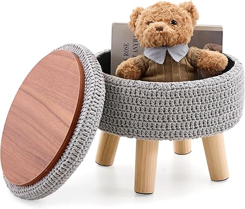 Miniatura 10 de Wimarsbon Puf otomano, reposapiés bohemio de punto 100% algodón, reposapiés redondo con patas de madera antideslizantes, decoración del hogar, puf