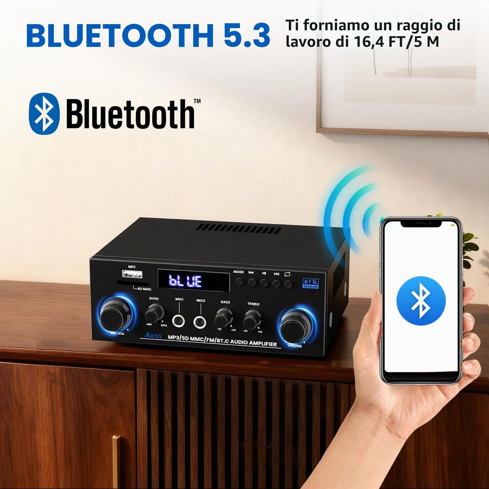 Amplificatore Audio HiFi1000W Max 2 Canali - Bluetooth 5.3 | Display LCD, Alimentazione 12V/220V - Supporta USB/SD/FM/RCA - Per Casa, Auto e Karaoke - Con Telecomando Incluso