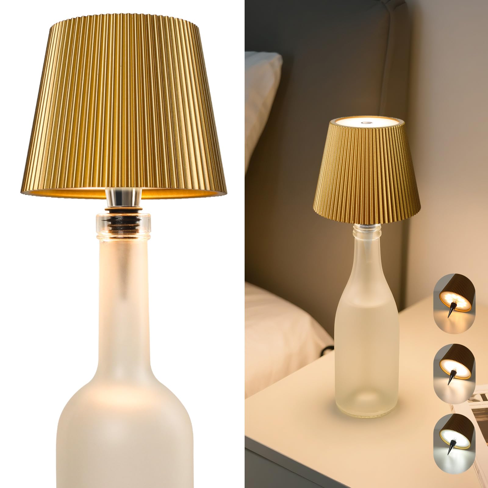 Beaeet Lampada per Bottiglia LED Oro Senza Fili, Touch Dimmerabile 3 Colori, Ricaricabile USB-C, Decorativa per Casa Terrazzo Campeggio Feste Regalo