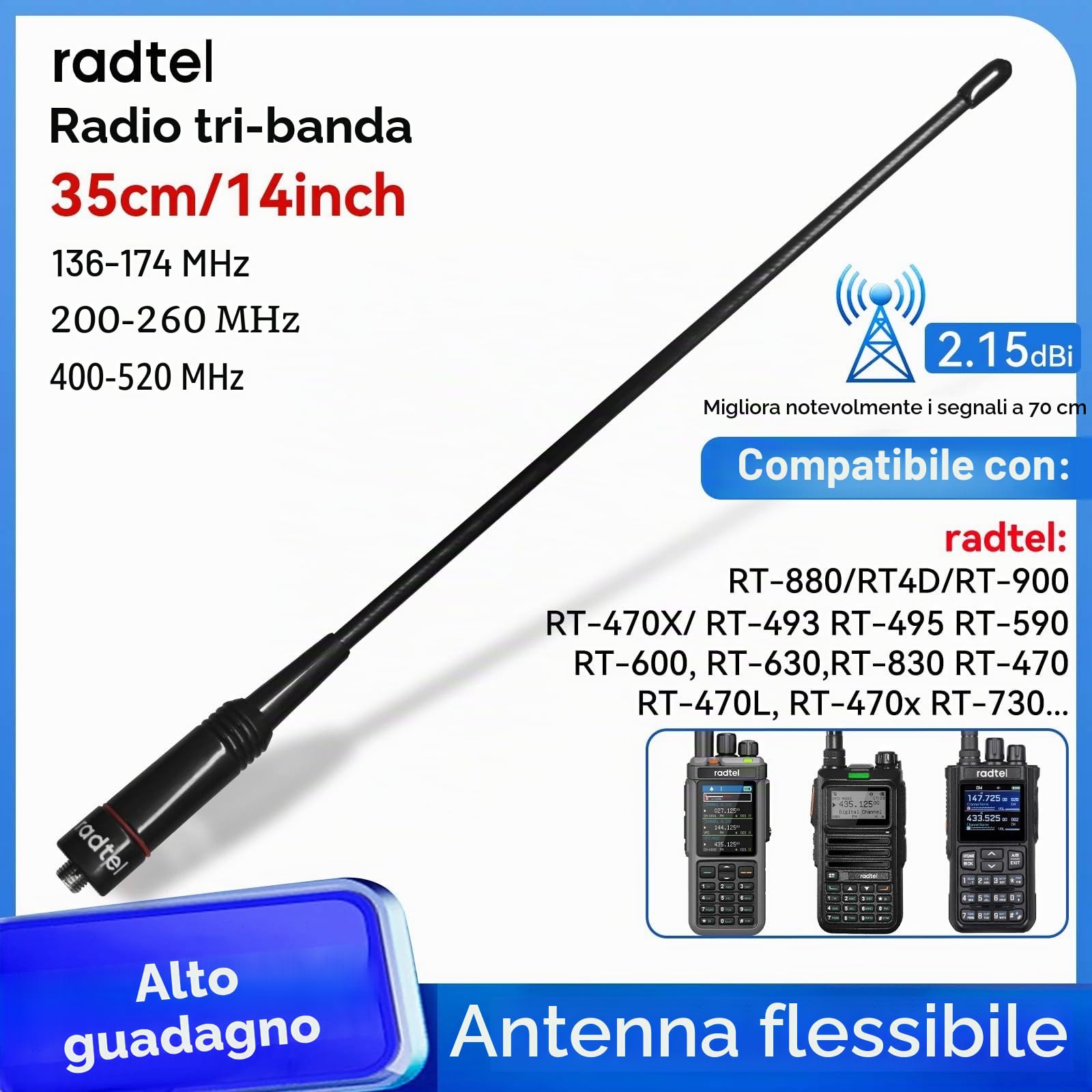 Radtel Tri-Band Flex-Antenne RHD-771S 144//220/430Mhz 35cm/13,7 Zoll SMA-Buchse Faltbare weiche Antenne kompatibel mit Baofeng radtel RT-900 RT-920 RT-860 RT-880 RT-950 Radios
