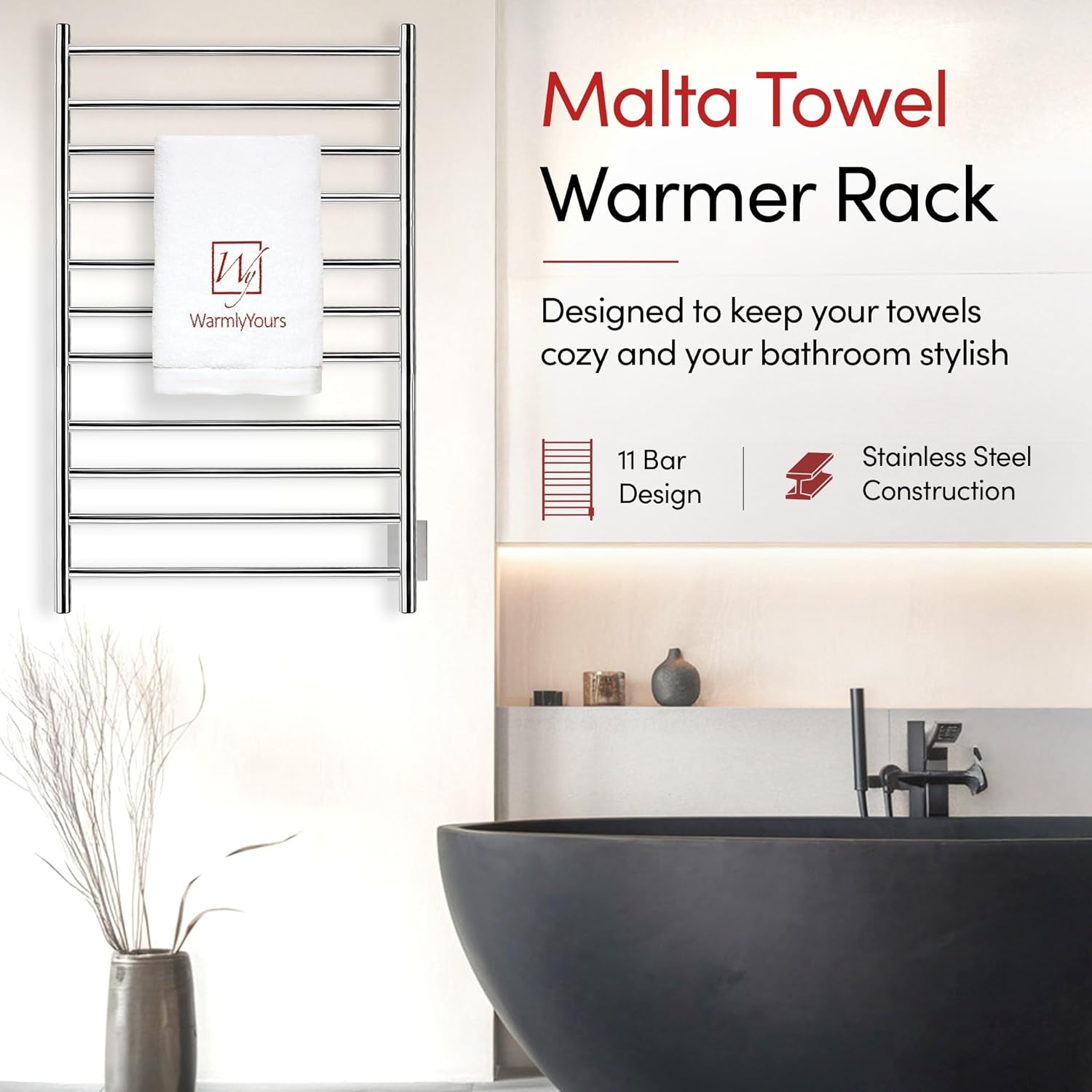 WarmlyYours Malta Heated Towel Rack, 11-Bar Electric Towel Warmer, Hardwired Wall-Mounted, Polished Stainless Steel – Luxurious, Spa-Like Warm Towels for Your Bathroom
