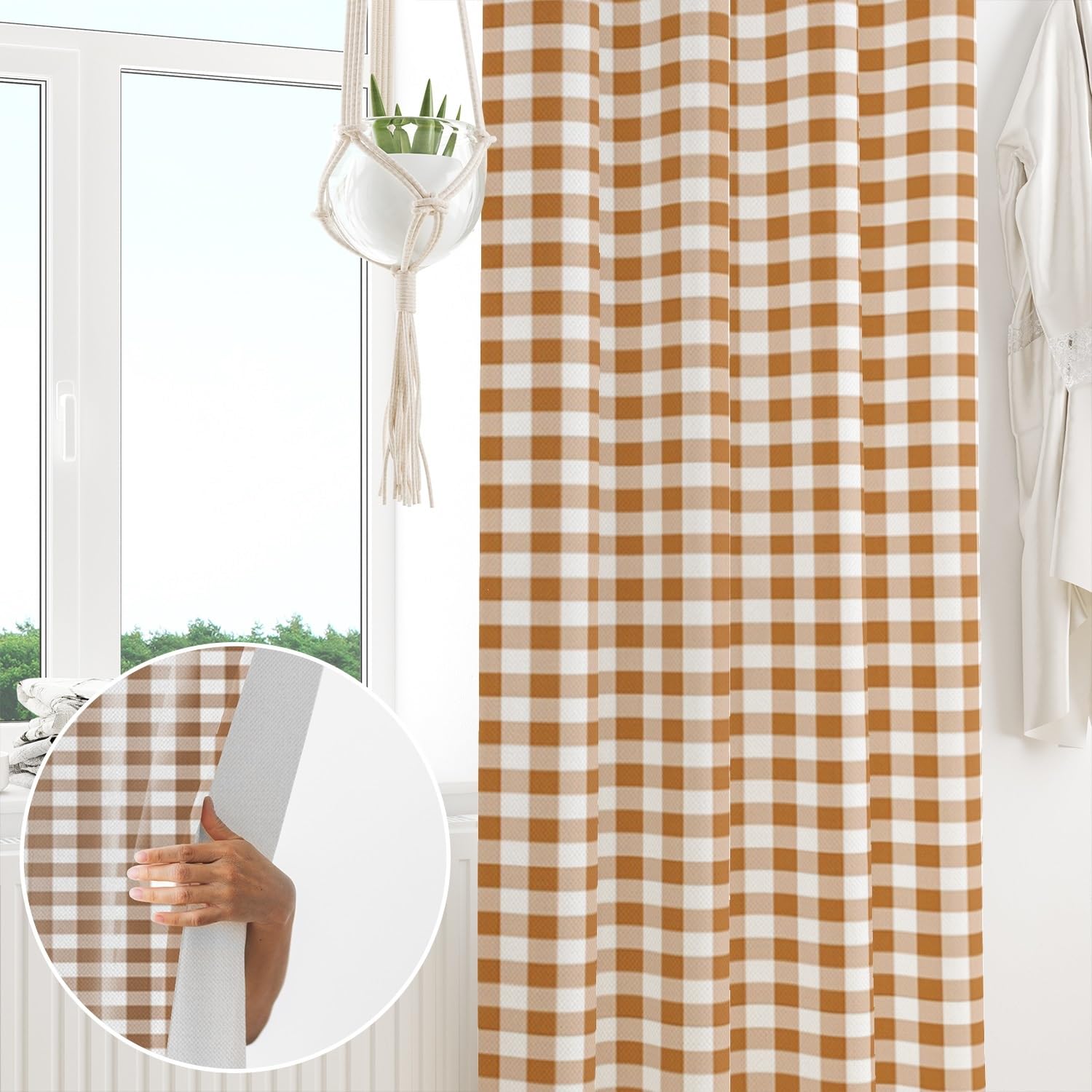 ggaimwf Taupe Curtains for Bedroom Check Drape Curtains Gingham Plaid Vintage Window Treatment Country House Style Living Room Patio Hallway Room Divider Curtain Rod Pocket 117x175cm 1 Panel - Image 4