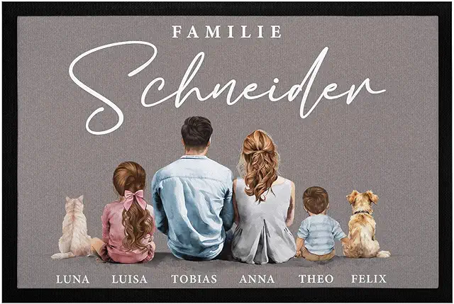 Personalisierte Familien-Fußmatte mit Namen, Figuren & Haustieren - 60x40cm