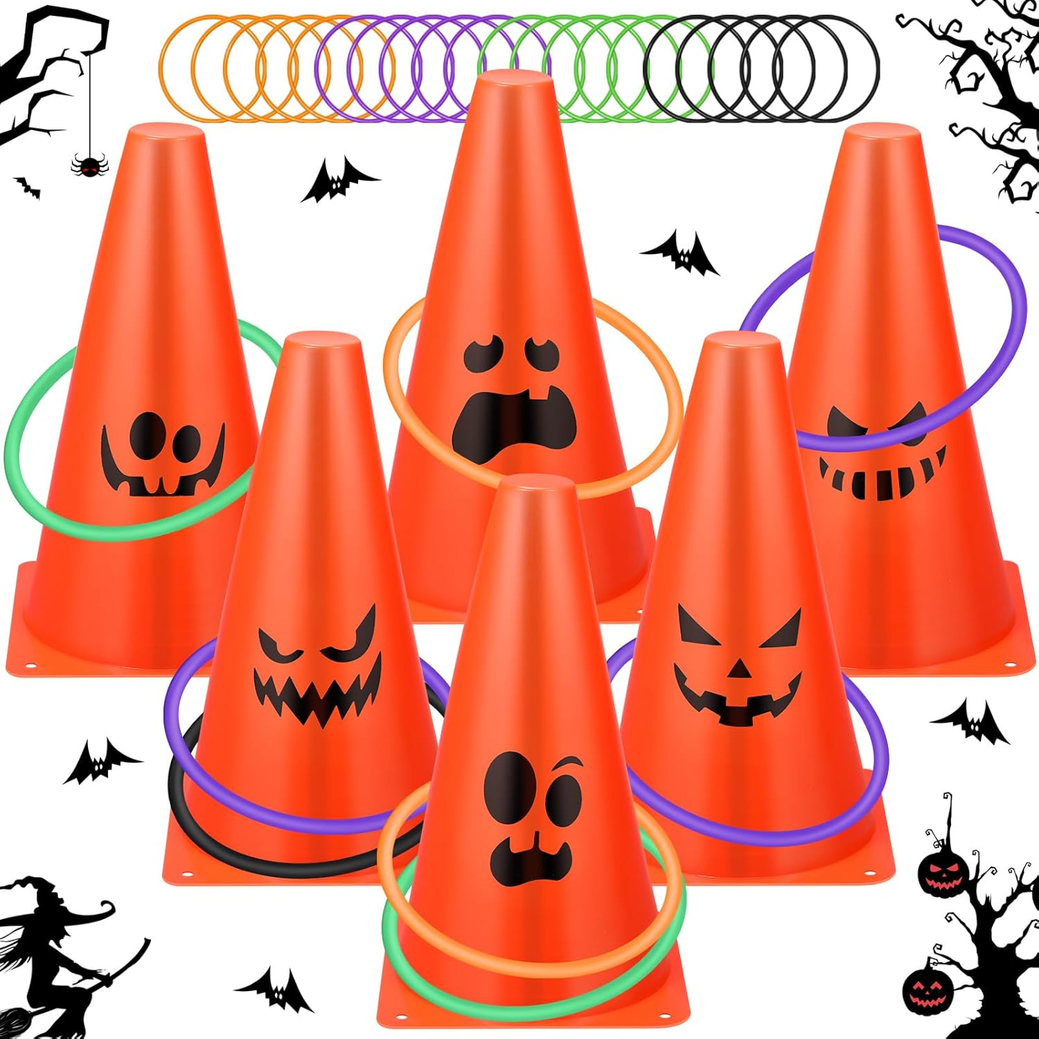 Jenaai 26 Pcs Halloween Ring Toss Game Outdoor Carnival Party Games Include 6 Plastic Cones 20 Toss Rings for Adult Family Garden Throwing Supply(Halloween Pumpkin)