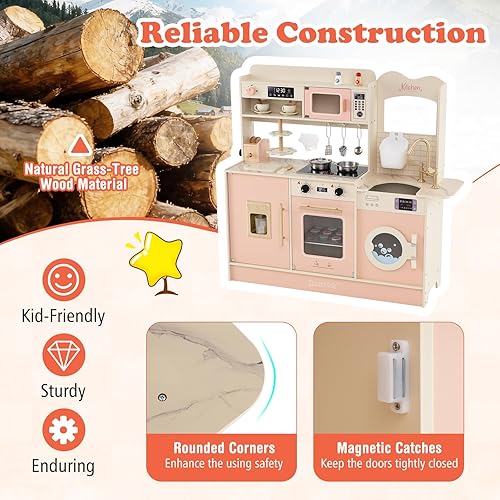 Miniatura 8 de Costzon Juego de cocina para niños, juego de madera para niños pequeños con luces y sonidos reales, grifo, horno de microondas, cafetera y tostadora