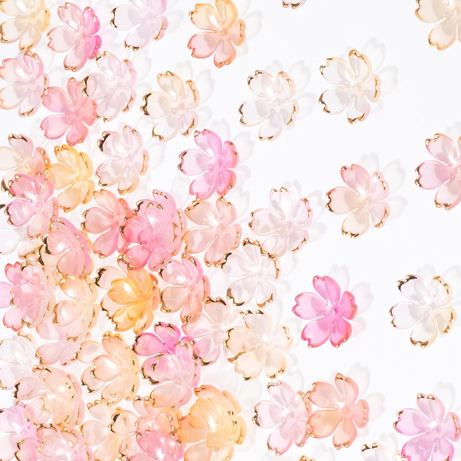 100 Pcs Flower Beads for Jewelry Making, Gold-Plated Flower Charms, Cherry Blossom Beads, Acrylic Floral Beads for Crafts, Bracelets (Light Pink)