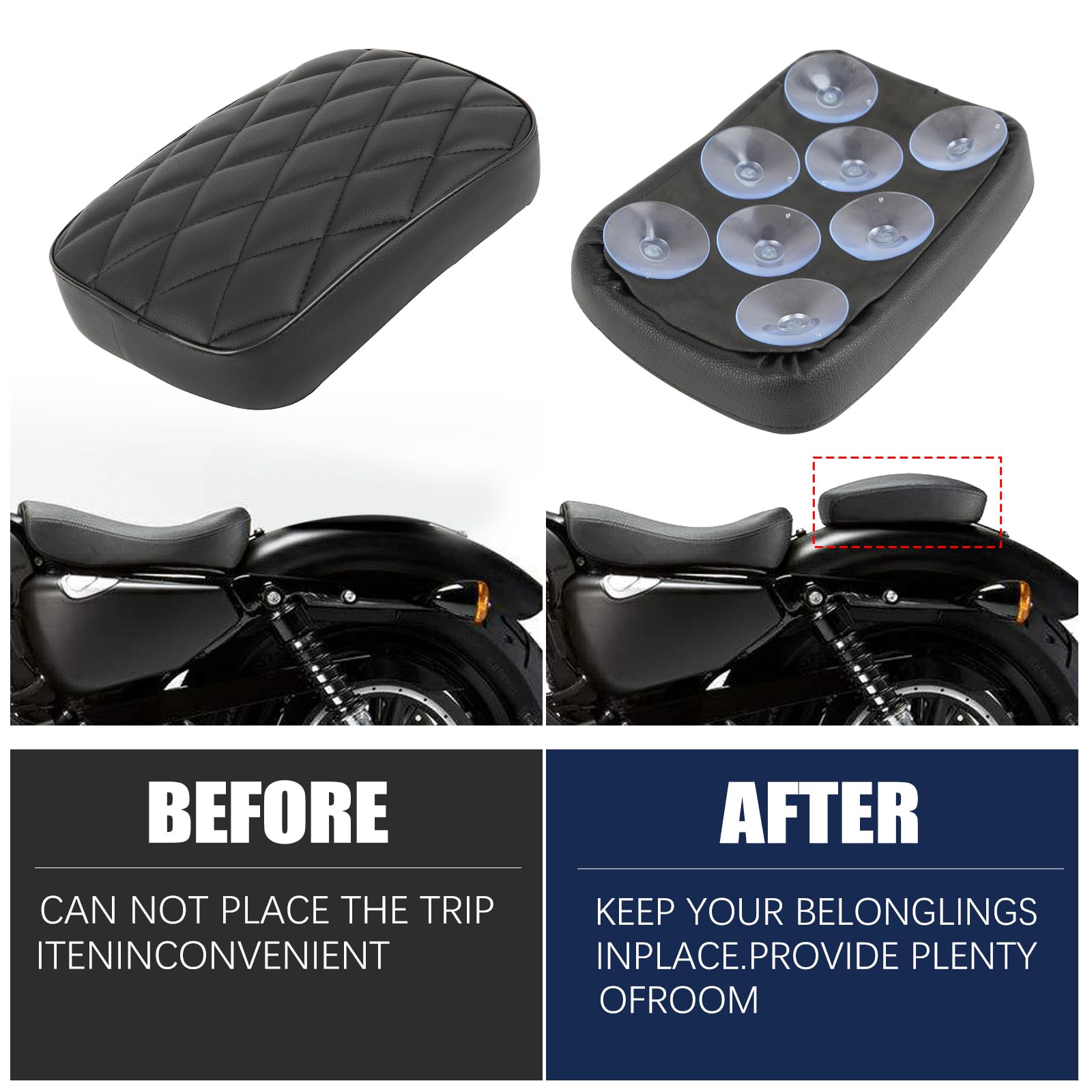 DREAMIZER Coussin de passagers arrière à moto, Coussin de Siège Passager Moto avec 8 Ventouses, Sièges pour moto Compatible avec Harley Sportster XL883 1200 Dyna pour Softail Cruiser Chopper Custom