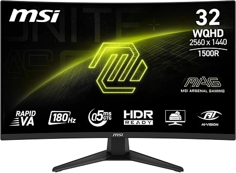 MSI MAG 321CQF E18 32-Inch WQHD 1500R Gaming Monitor, 2560x1440 Rapid VA, 180Hz, 0.5ms, HDR ready, Eye care, AI vision, HDMI 2.0b, DP 1.4a, Frame-less, Tilt Adjustable, Vesa Mount, Black