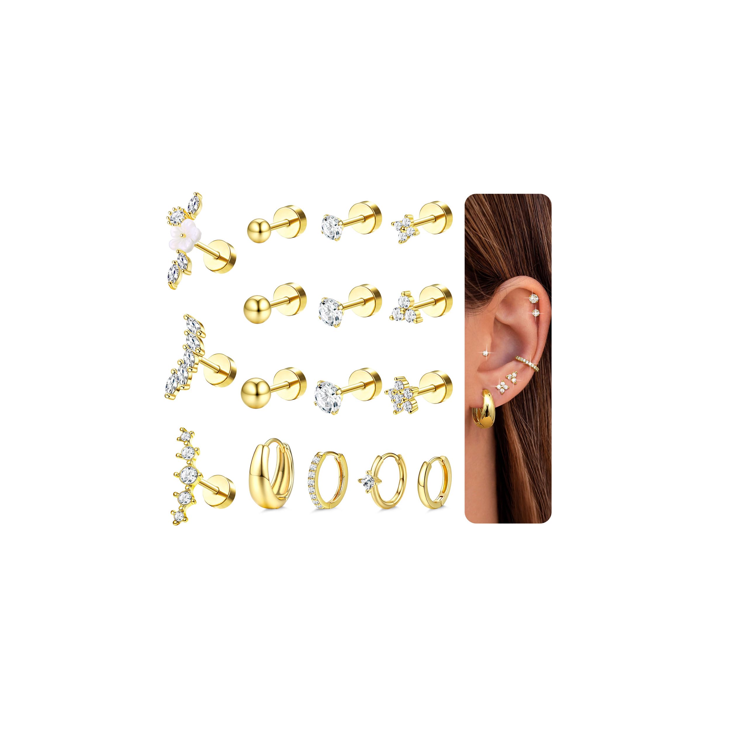 HMJGDHX 16 sztuk Helix Piercing Biżuteria Hipoalergiczny Srebrny Złoty Płaskie kolczyki z tyłu Stal chirurgiczna Kolczyki na chrząstkę dla kobiet Helix Tragus Conch Daith Piercing Biżuteria