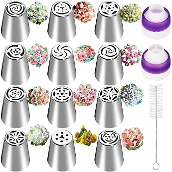 12 Russian Piping Nozzles Set Professional Large Icing Nozzle Set Russian Stainless Steel Cake Decorating Nozzles Cake Setup Tips with 2 Nozzle Converters for Baking DIY Cupcakes Dessert