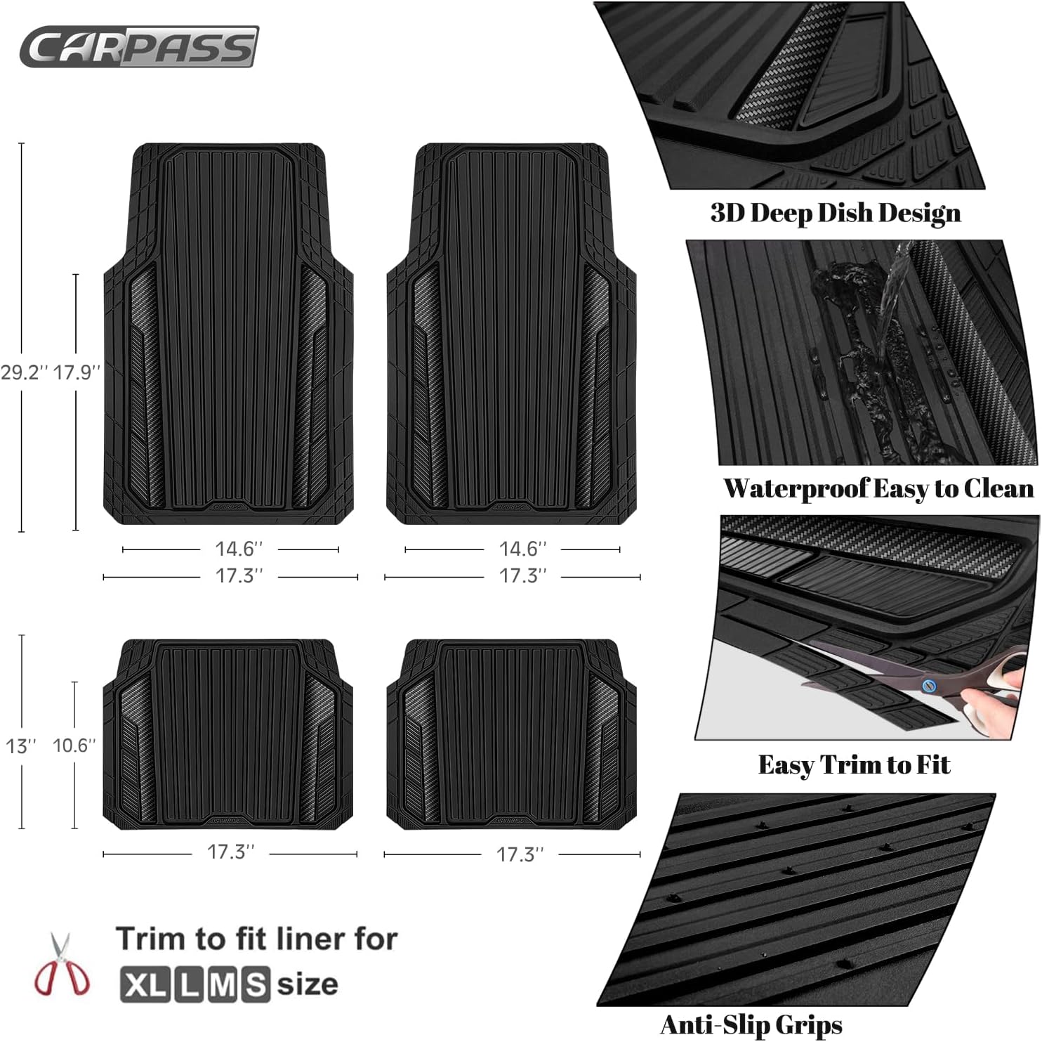 CAR PASS Heavy Duty Rubber Car Mats Metallic,Aluminum Film All Weather Floor Mats Waterproof Universal Trim to Fit SUVs Sedans Vans 4 Piece Anodized Deep Dish Two-Tone Sporty Carbon Fiber Black Chrome - Image 4
