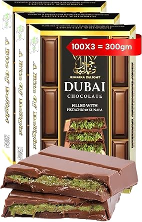 Viral Dubai Chocolate Kunafa Pistachio Bar 300g by JUMAIRA DELIGHT with Pistachio Cream Filling Luxurious Fix Dubai Chocolate- Best Gift or Treat for Kids, Family & Friend Pack of 3/100g each