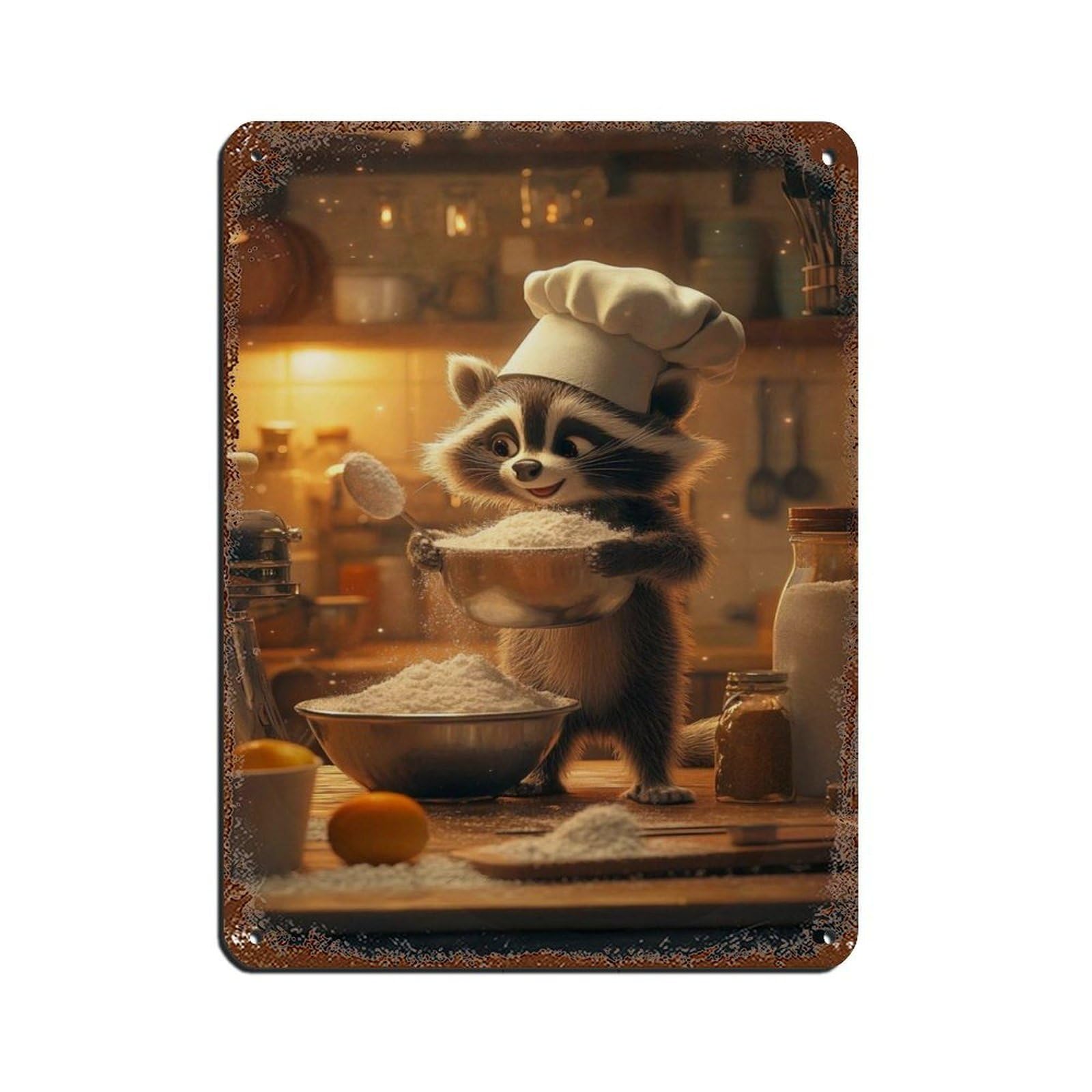 Adorable Racoon Baking Poster Tin Sign Vintage Metal Pub Club Cafe Bar Home Wall Art Decoration Poster Retro 12x16inch(30x40cm)